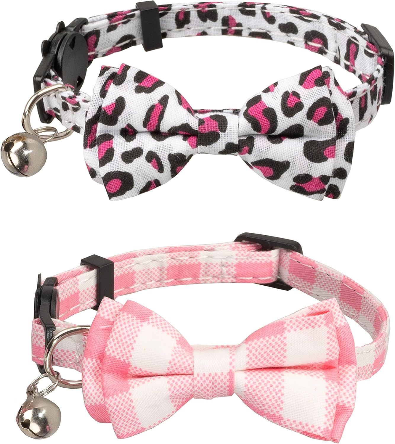 Gyapet Cat Collar Set 2pcs Leopard Plaid Grid Kitten Safety Bow Tie Bell Girl Boy Breakaway Cute Fresh Summer Puppy Leopard & Plaid-Pink