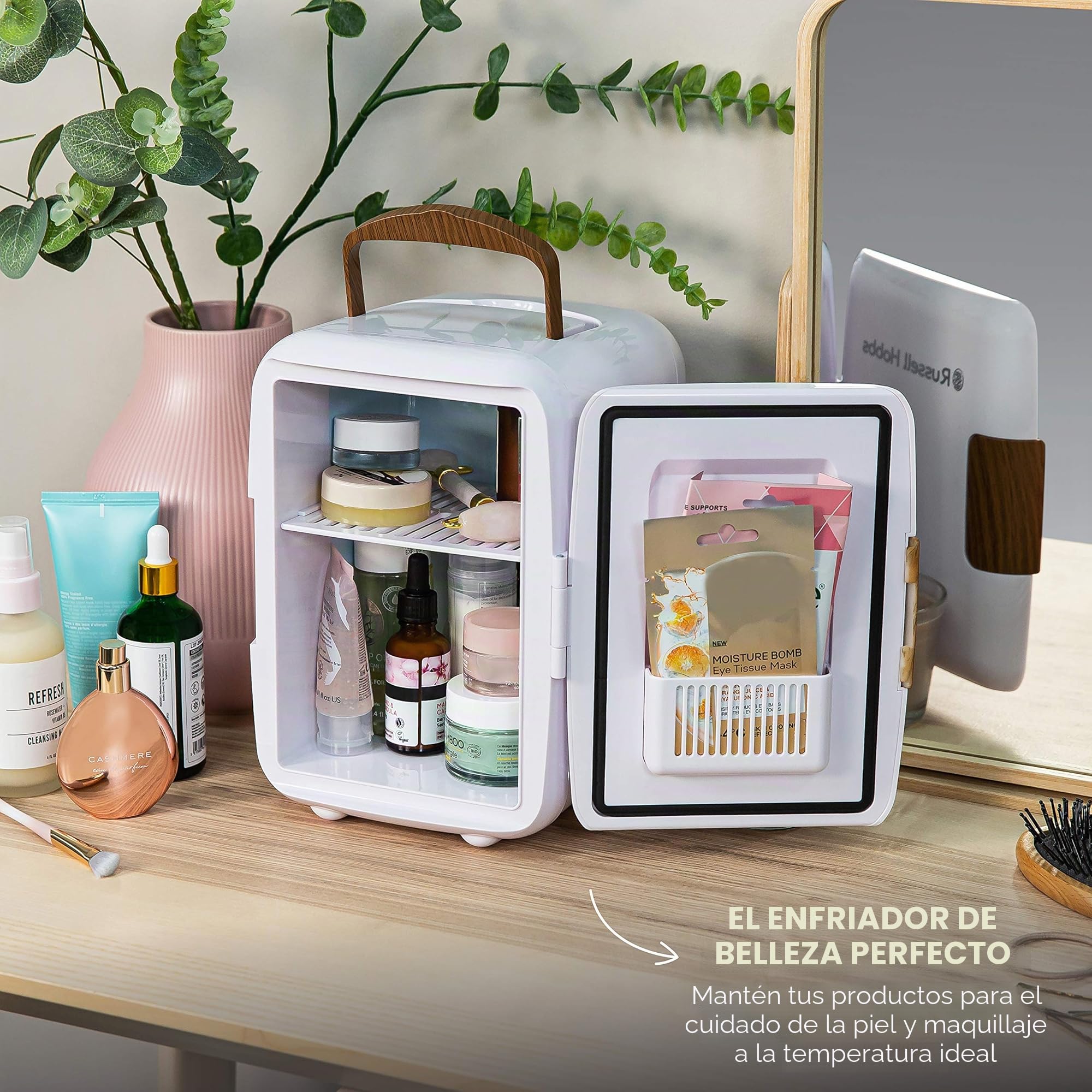 Russell Hobbs RH4CLR1001SCW minirefrigerador portátil de 4 L/6 latas, CA/CC, enfriador y calentador para bebidas, cosméticos/maquillaje/cuidado de la piel, estilo escandinavo, blanco y efecto madera