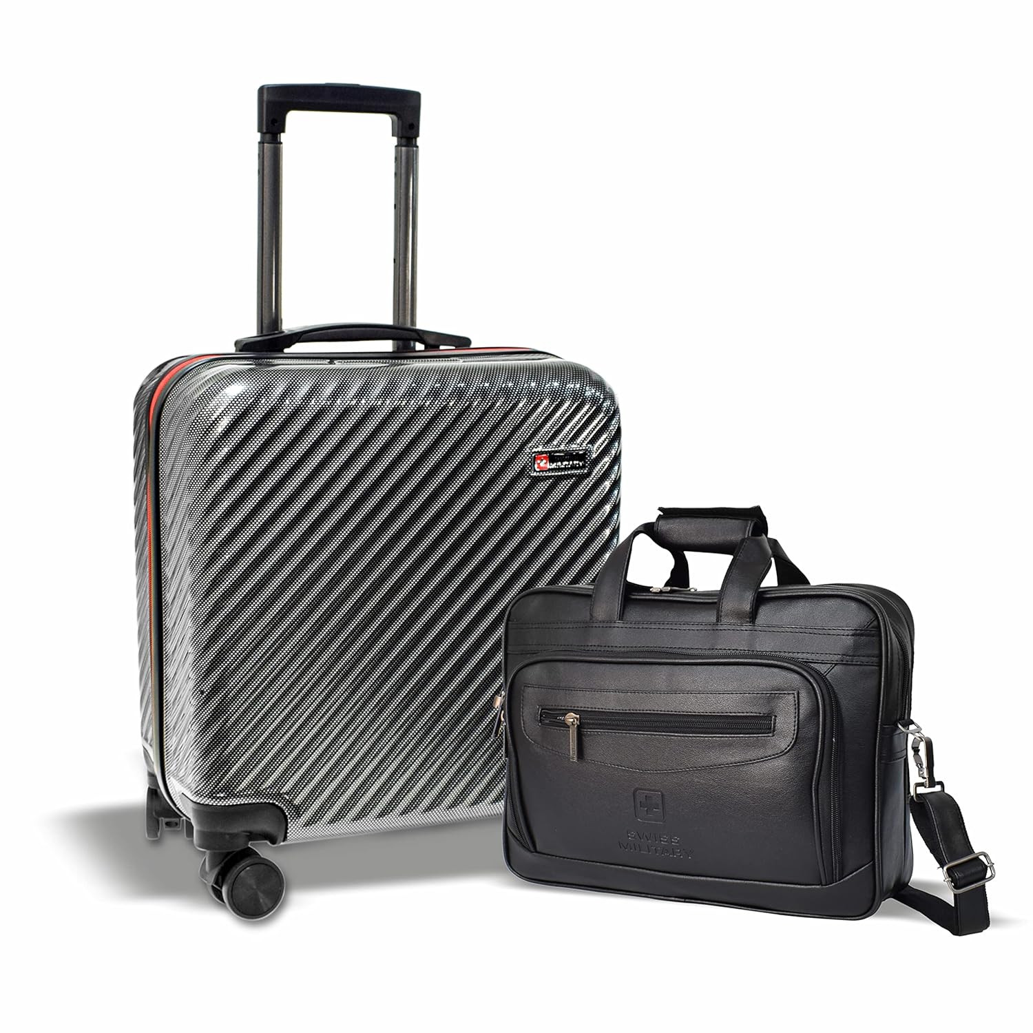 Swiss Military Combo of (LTB8_PLB1) 39L Laptop Overnighter Trolley & Leatherette Laptop Messenger Bag, Hard-Sided ABS Cabin Size Luggage Bag with 360° Wheels, 15.4” Compartment, Adjustable Strap