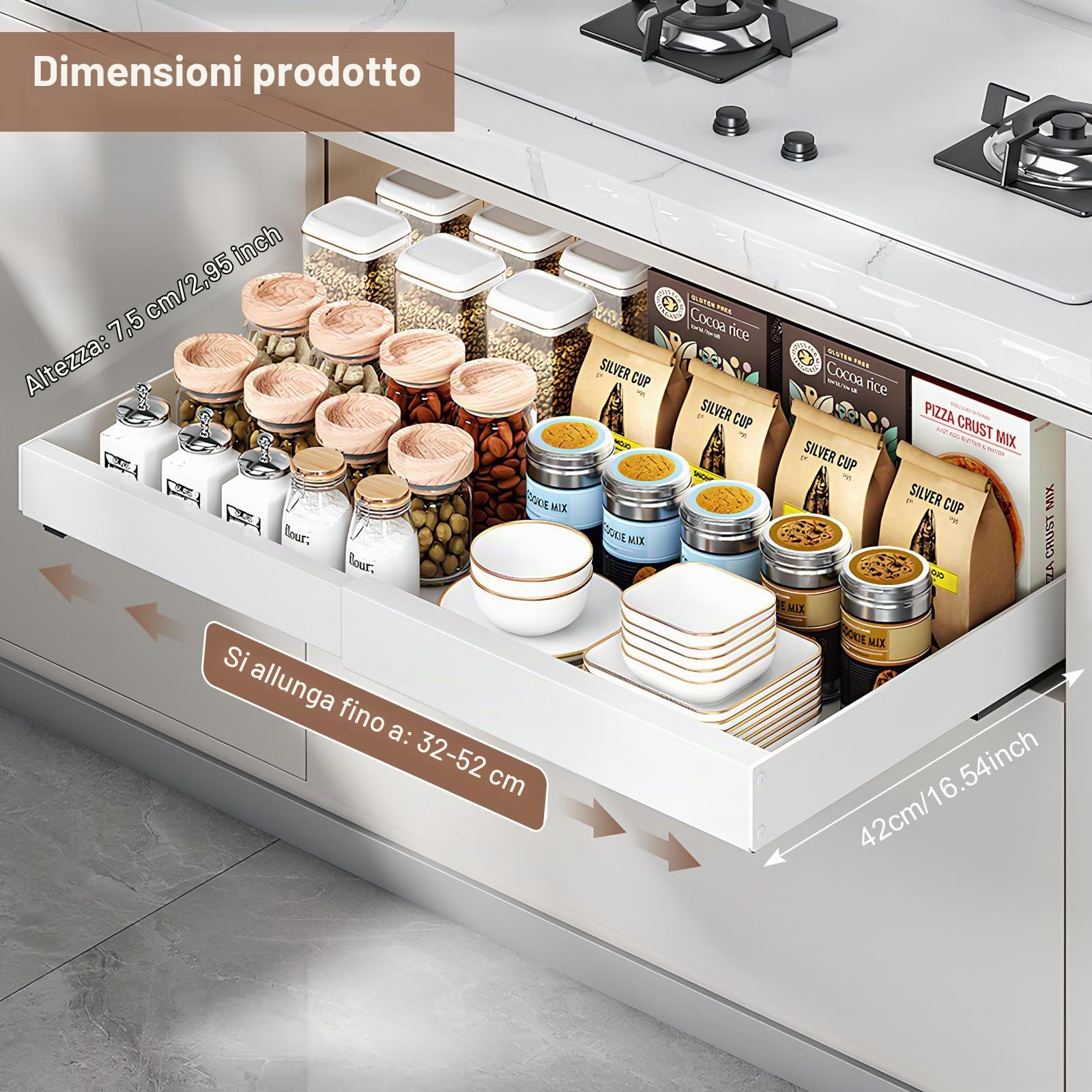 Dokeno 2 cassetti telescopici con colla, organizer per cabinet estraibile, larghezza regolabile (32-52 cm), cassetti per mobili da cucina, organizer per armadio espandibile per cucina, bagno (bianco)
