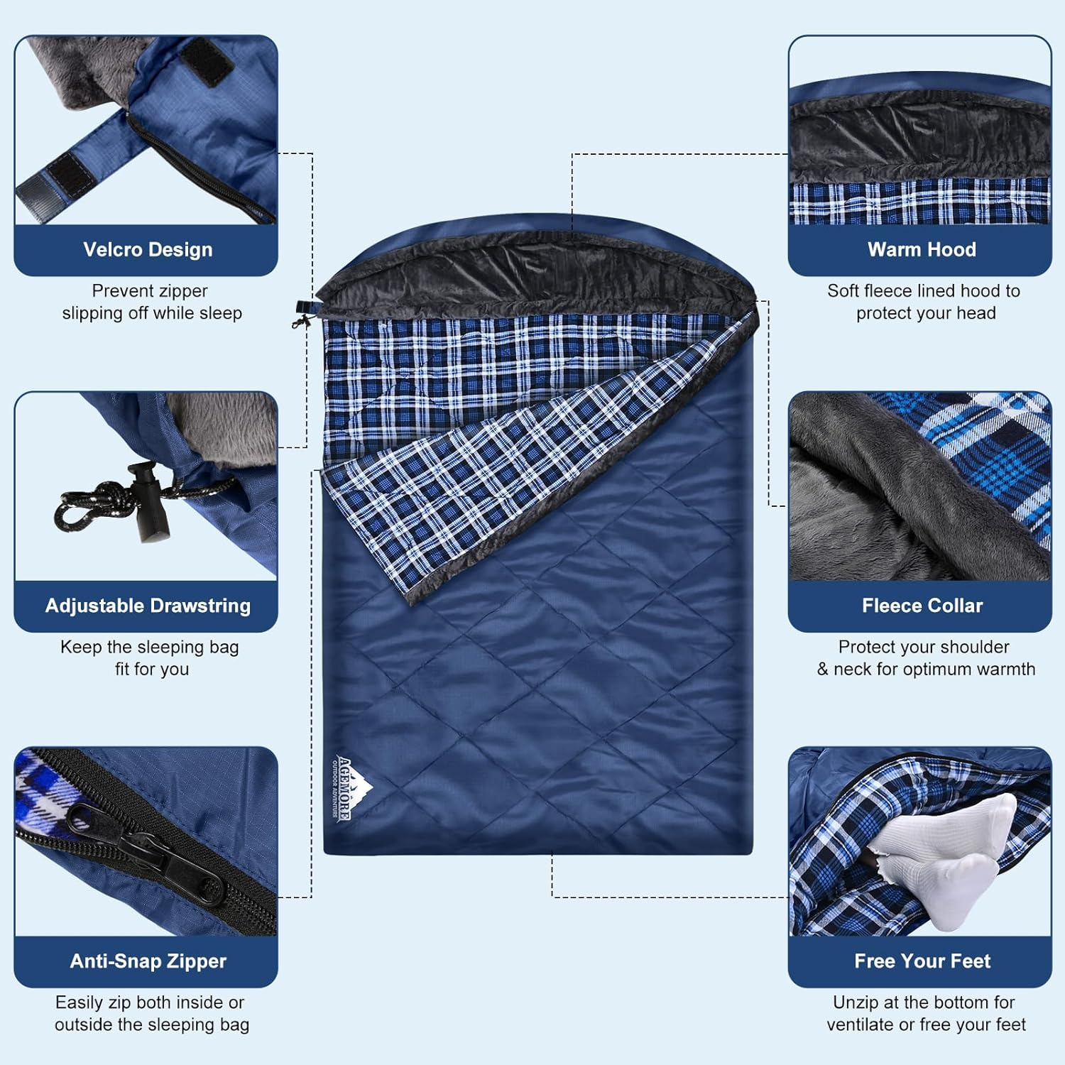 AGEMORE Cotton Flannel Double Sleeping Bag with Fleece Lined Hood, Waterproof Queen Size 2 Person Sleeping Bag for Adults Cold Weather Camping Backpacking or Hiking, 3-4season