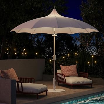 LAUSAINT HOME 9ft Pagoda Patio Umbrella with 360 Rotation, LED Light, Petal Shape Canopy, Upgraded Outdoor Patio Table Umbrella Pool Deck Market Umbrella with Push Button Tilt & Easy Crank, Blue