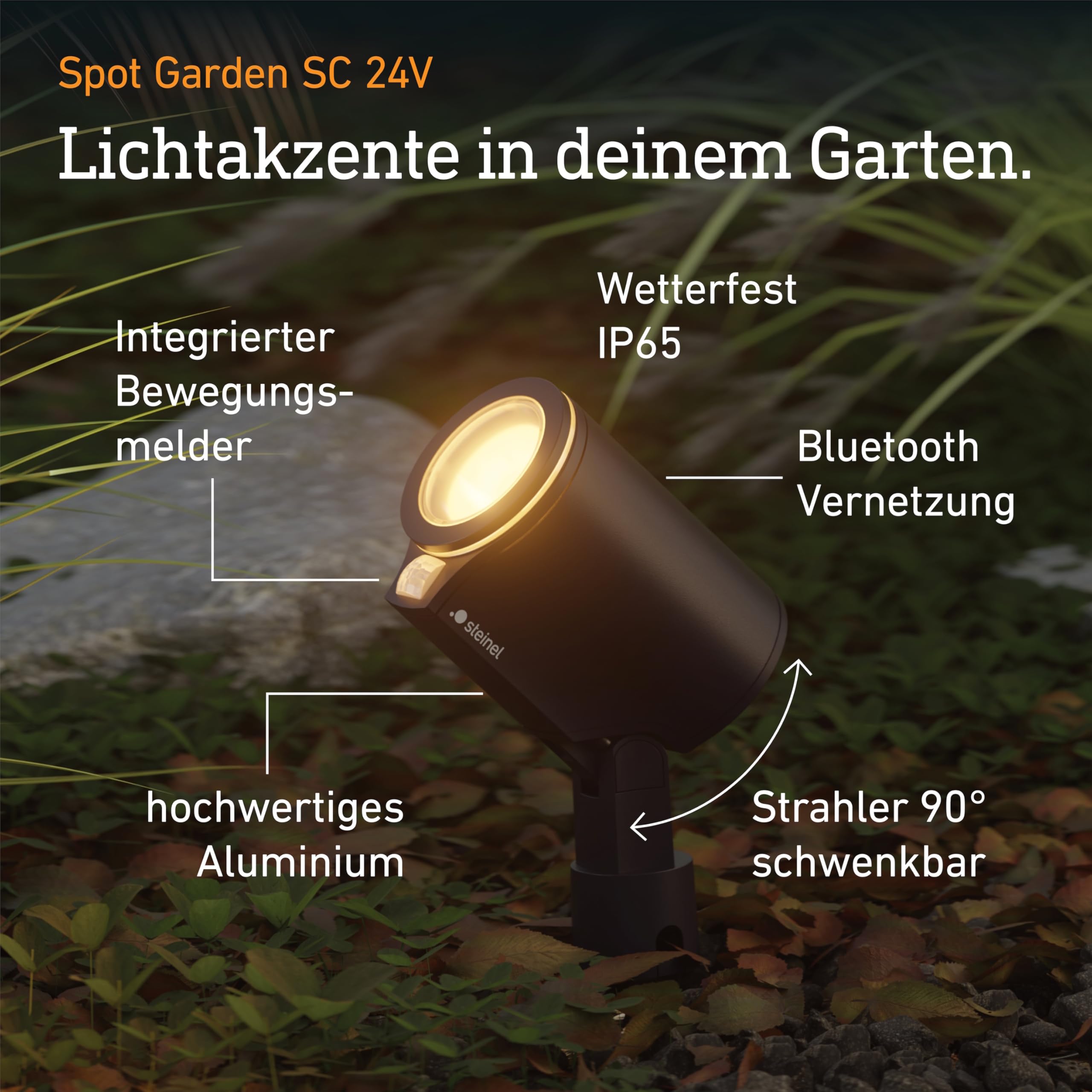 Steinel Gartenstrahler Spot Garden SC 24V, inkl. Erdspieß, RGBWW, 16 Mio. Farben, Bewegungsmelder, dimmbarer, App-Steuerung, Plug & Play, IP65, Anthrazit