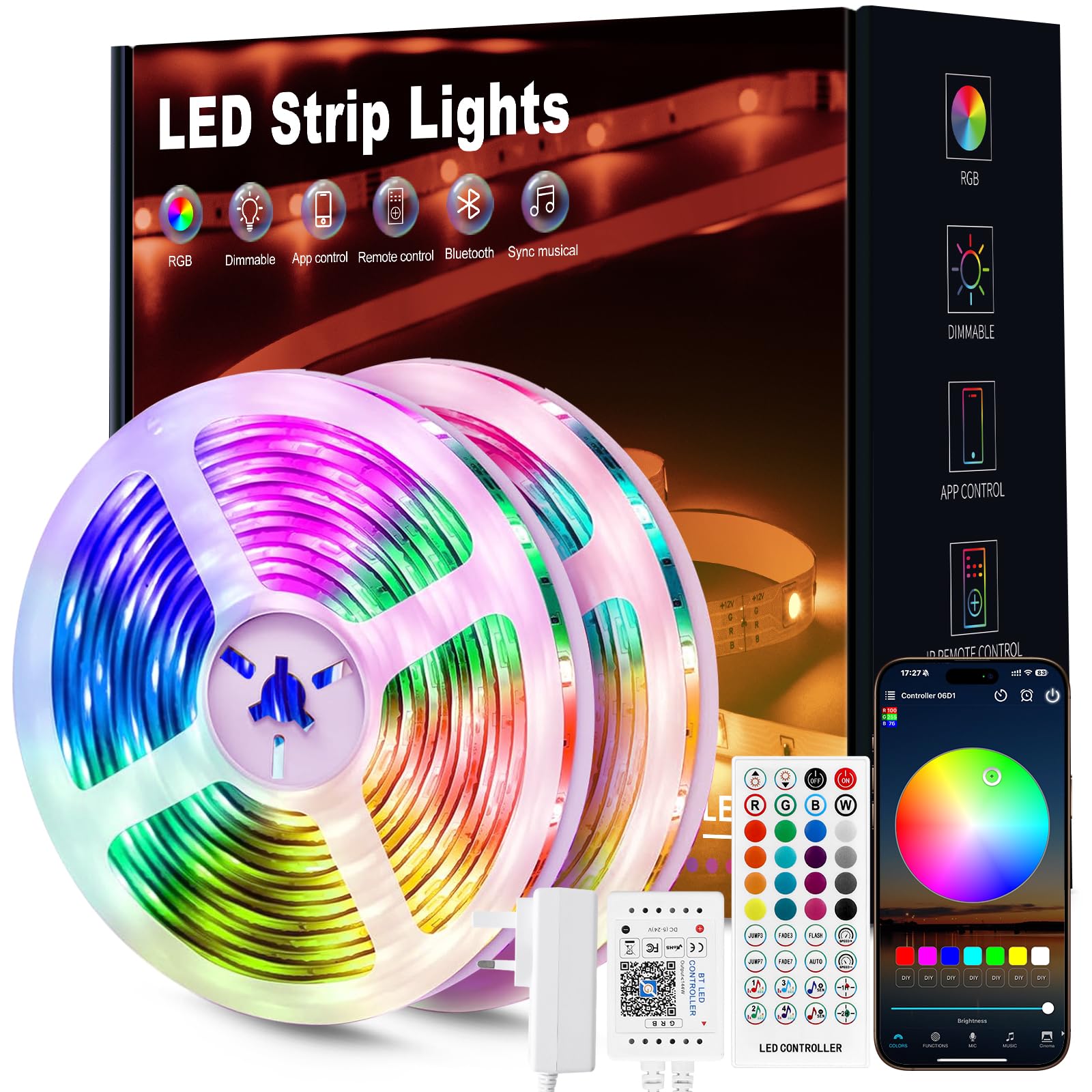 LED Strip Light 30m, RGB Music Sync Colour Changing LED Lights for Bedroom, Upgrade Smart Ambient Lights with Bluetooth App & Remote Control, Flexible Design for Gaming, Ceiling, Decoration