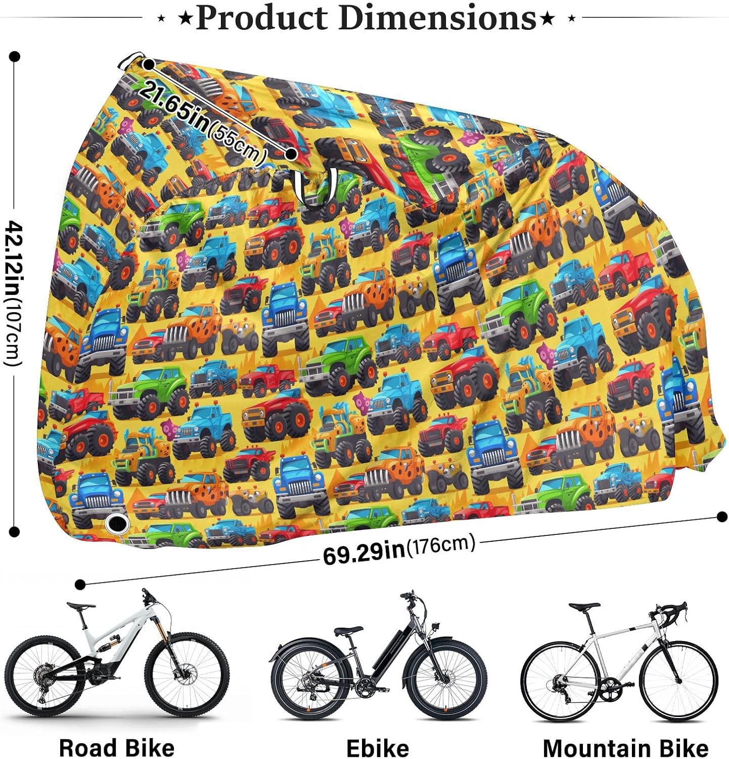 ALAZA Cartoon Trucks Bike Cover Waterproof Outdoor Ebike Bicycle Covers Tarp Protection for 1/2 Bikes, Sun UV Dust Wind Proof