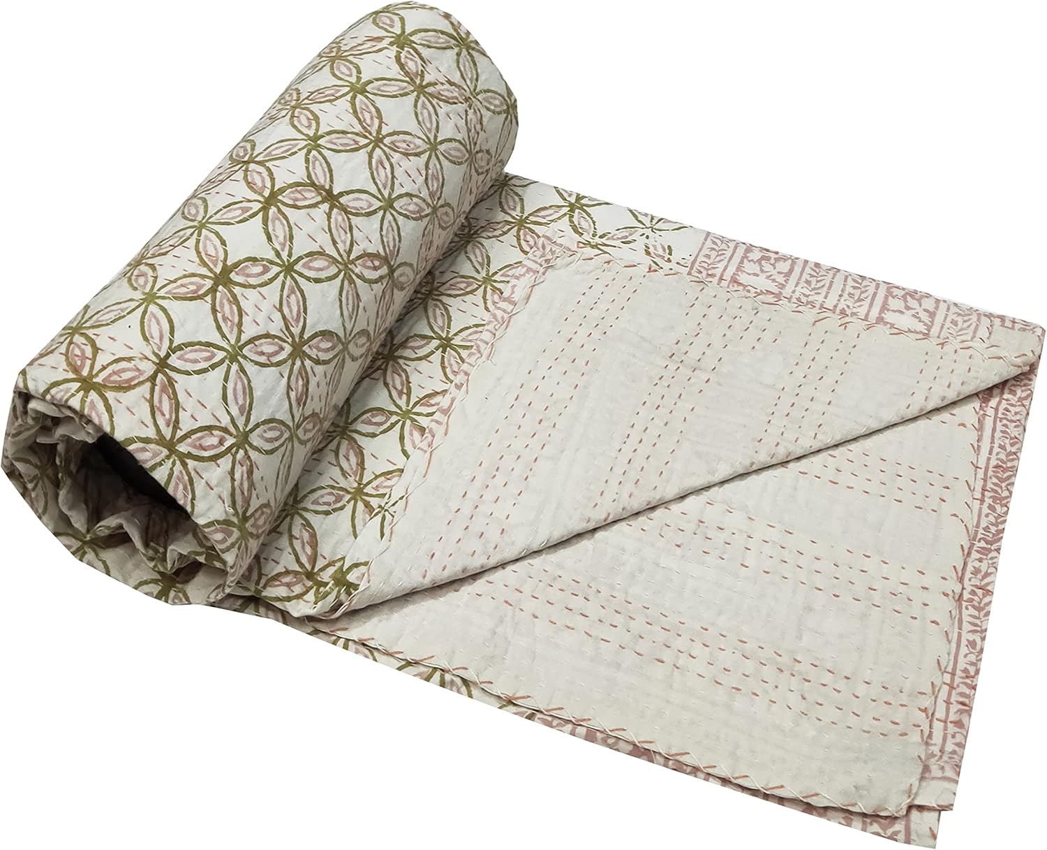 SHIRANYA Indian Traditional Kantha Quilt Vintage Handmade Blanket Throw Hand Block Printed Kantha Throw Hippie Made Kantha Rally Gudari (Twin)