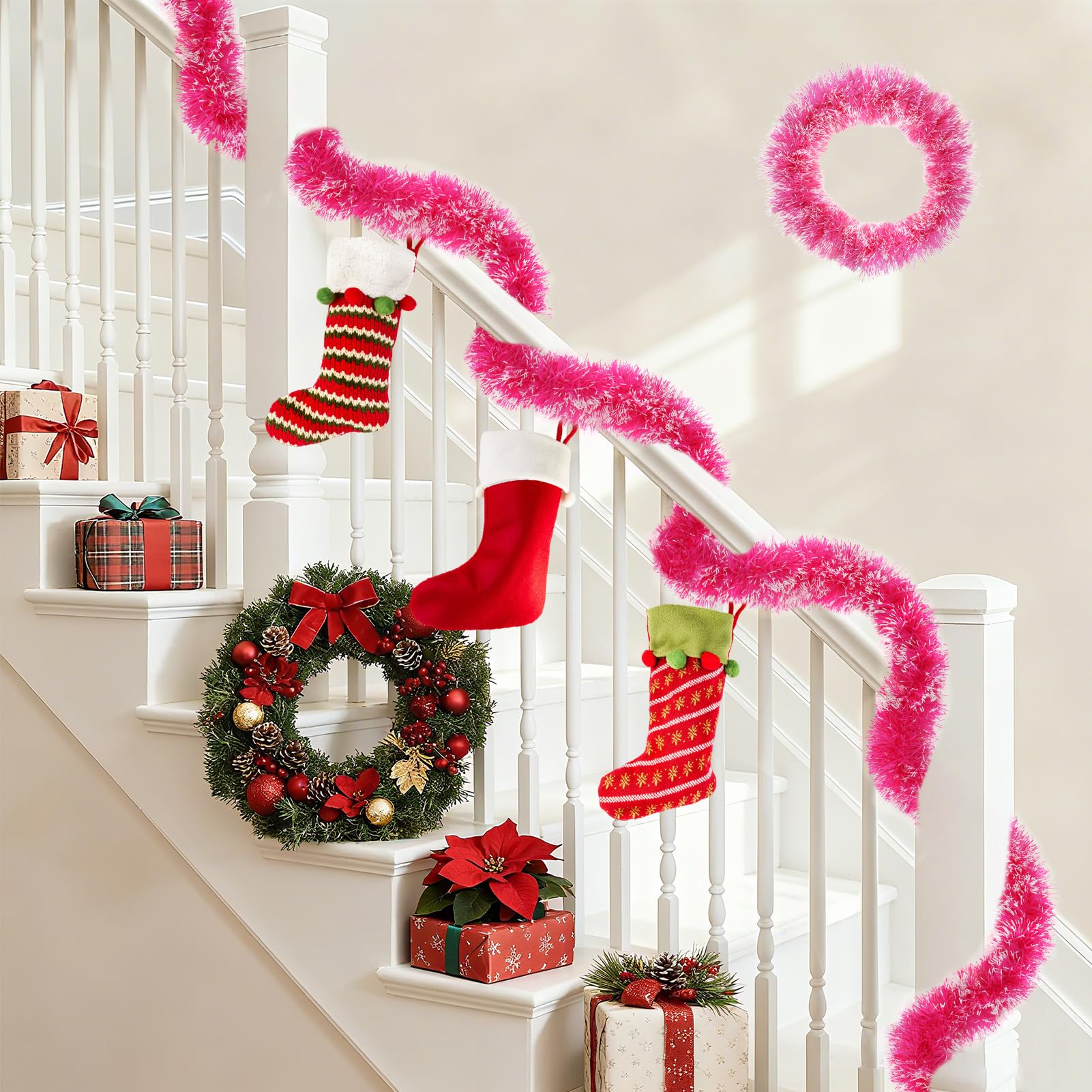HOWAF 6Pz 12m Espumillon Arbol Navidad Rosa, Espumillon Rosa Guirnaldas Navideñas, Guirnalda Navidad Decoración, espumillón Arbol Decoración Navideña, Escalera, Chimenea, Año Nuevo
