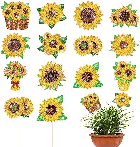Huwena 12 piezas de pintura de diamante de girasol para decoración de jardín, estacas de pintura de diamante, flores, estacas de jardín, estacas de disponible en Yaxa Peru