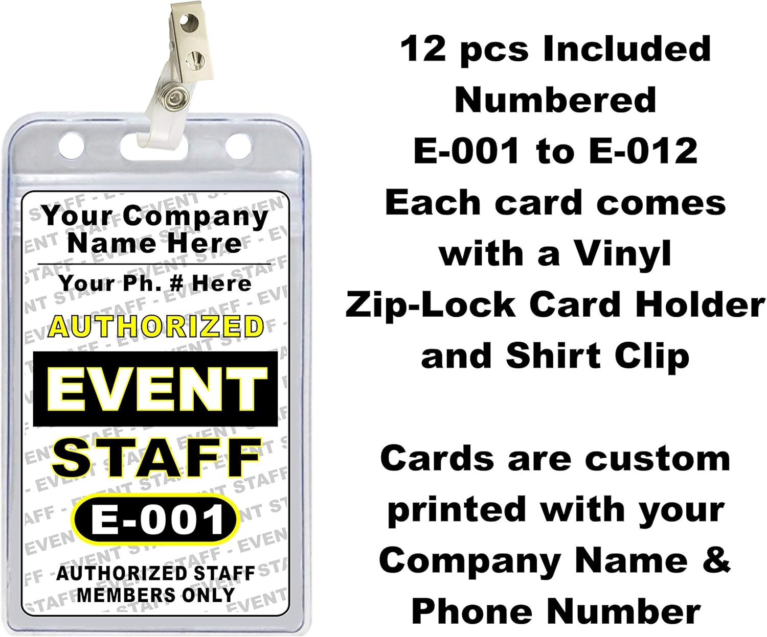 Event Staff ID Badge Set (12 pcs) - PVC Plastic (Custom Printed with Your Company Name) 12 pcs - Badge Holders & Clips Included - Made in The USA