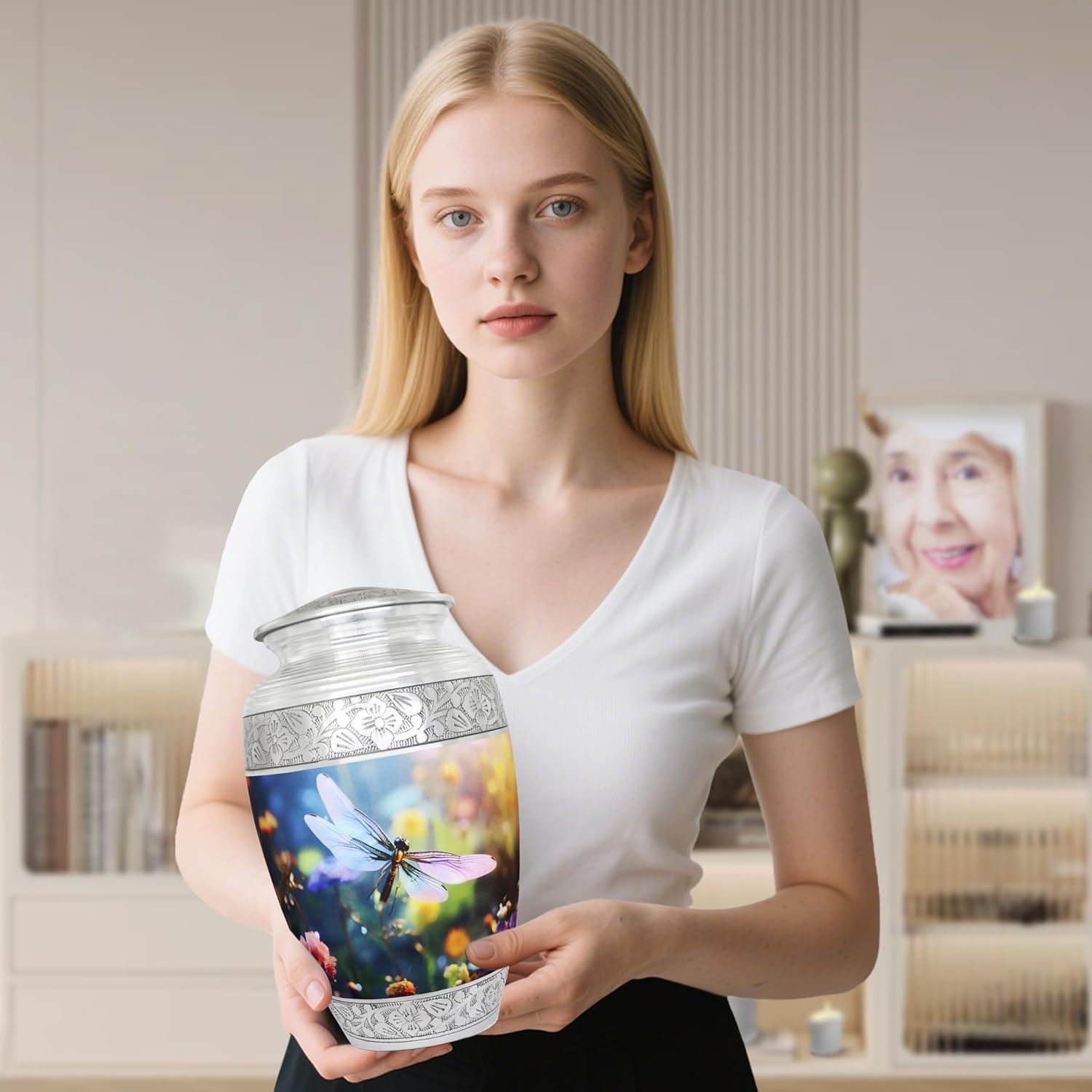 Cremation Urns for Human Ashes Adult Female & Male, Funeral Urn for Ashes for Women & Man, Burial, Decorative Urn for Ladies, Multicolour Flowers and Dragonfly - Large Full Size - Image 3