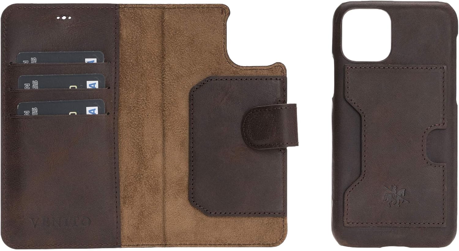 Venito Florence Leather Wallet Phone Case Compatible with iPhone 11 Pro - Extra Secure with RFID Blocking - Detachable Phone Wallet (Coffee Brown)
