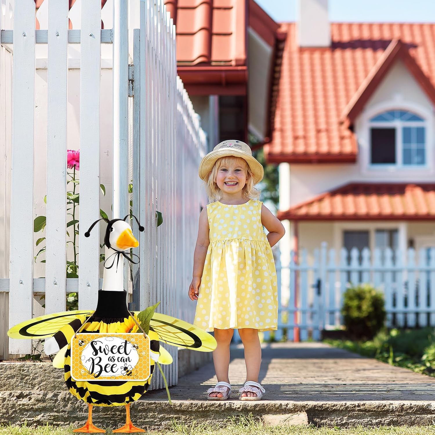 Mindsoft 2 Pcs Spring Porch Goose Outfit with Welcome Wooden Sign with Wings for 23" Cement Plastic Goose Statue Outdoor Patio Yard Lawn Art Decoration(Bee)