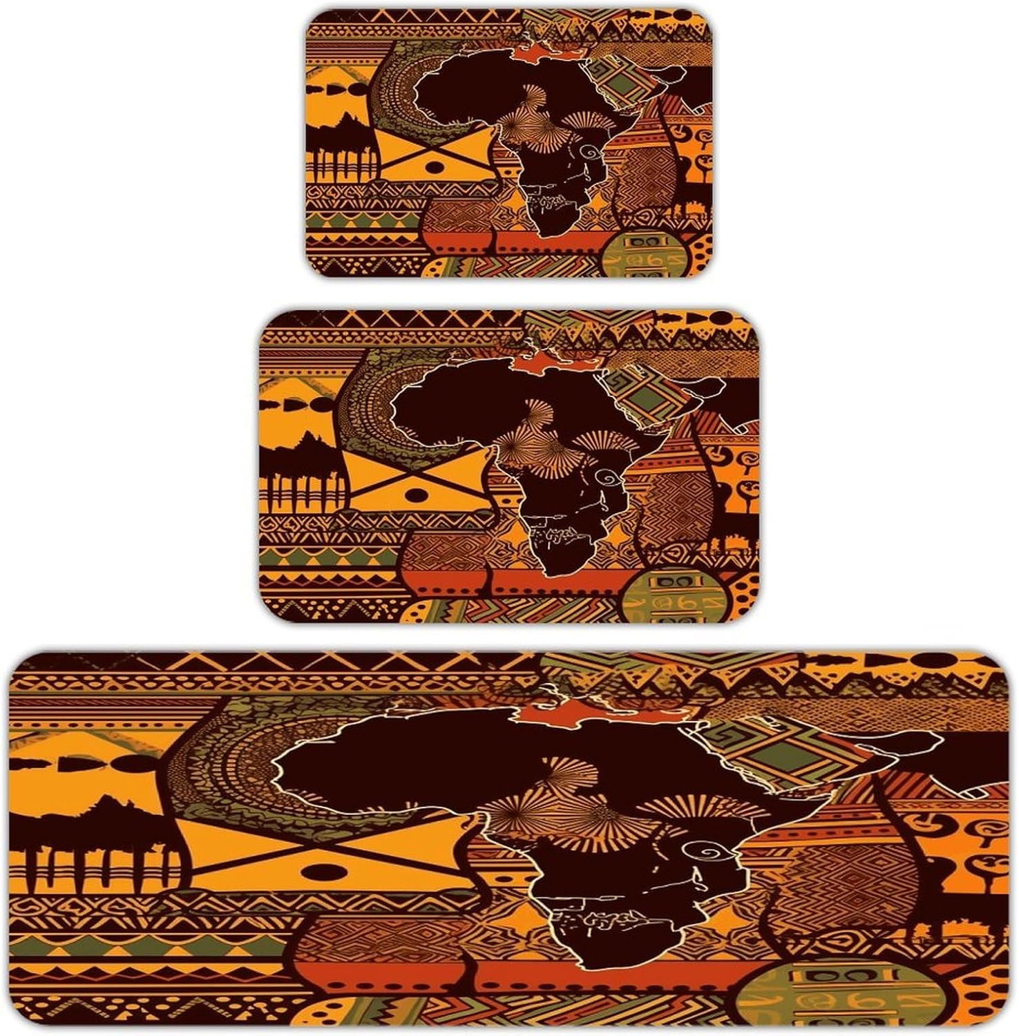 African Map Ethnic Pattern Kitchen Rugs Sets of 3 Non Slip Kitchen Mat for Floor Comfort Standing Rug and Mats Thick Cushioned Long Area Carpets for Laundry Room Entryway
