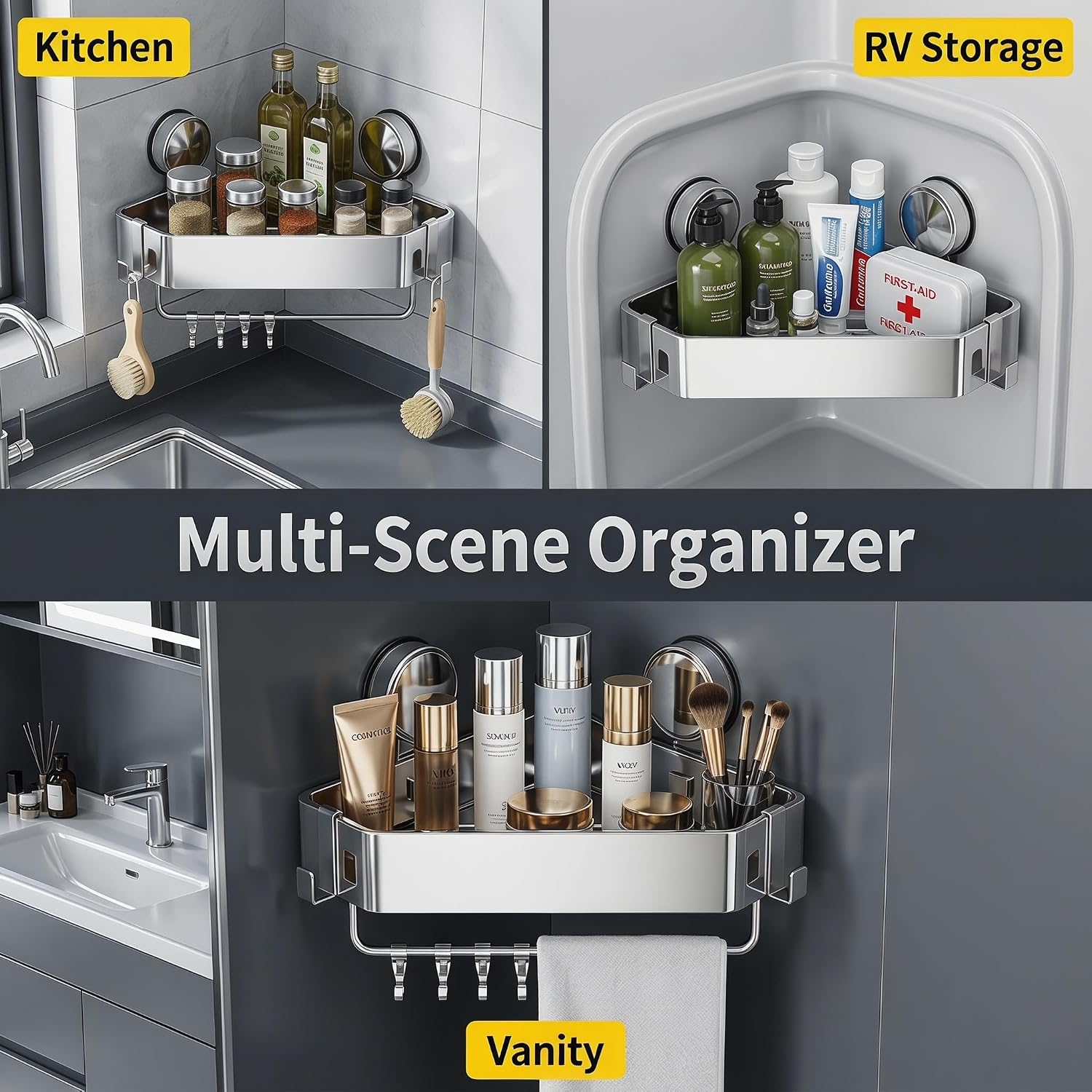 2 Pack Shower Caddy Suction Cup, Triangle Corner Shower Shelves No Drilling,304 Stainless Steel Organizer with Towel Bar & Removable Hooks, Bathroom Shelf Rack for Inside Showers, Rustproof Wall Mount