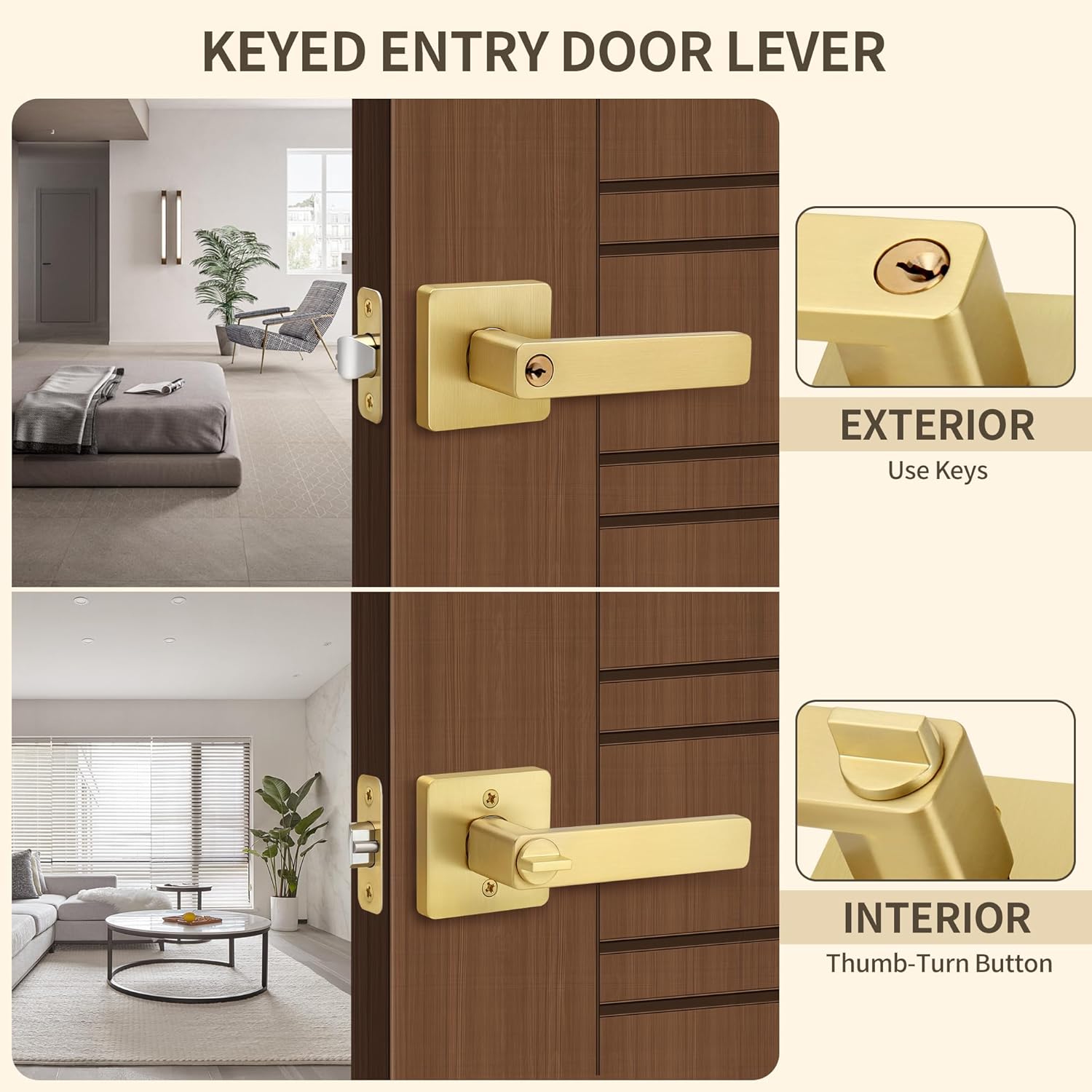 Moquin Gold Door Handles with Lock and Key, Heavy Duty Square Brushed Gold Door Handles with Reversible Lever for Bedroom or Front Door, Satin Brass