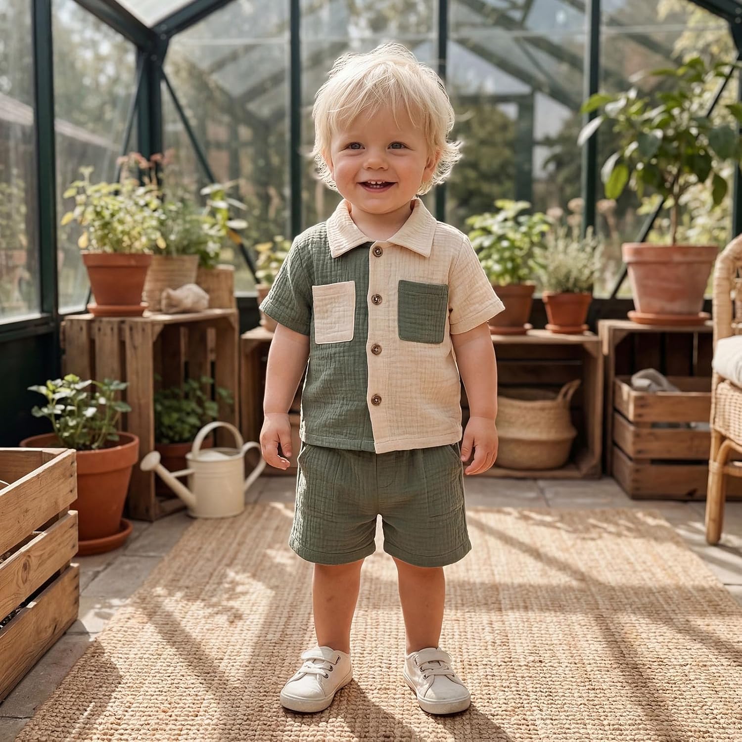 Baby Boys Summer Outfit Color Blocking Button Down Shirts + Shorts Cotton Gauze 2PCS Toddler Clothes Set with Pockets