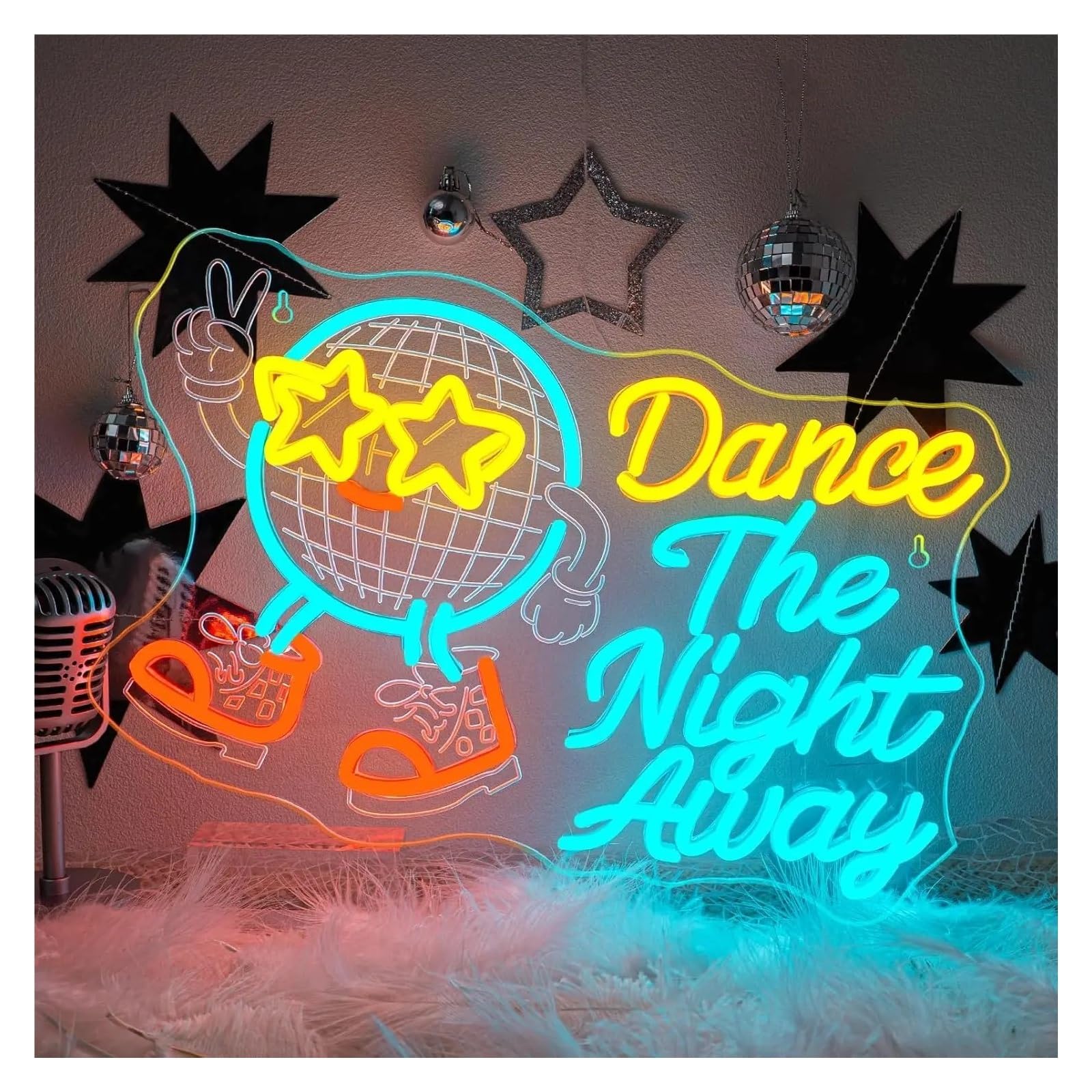 Insegna al Neon da Appendere Dance The Night Away con Luce LED USB e Musica, Ideale per Feste a Tema, Bar e Decorazioni Vintage per la Camera da Letto, 48x37,6 cm.