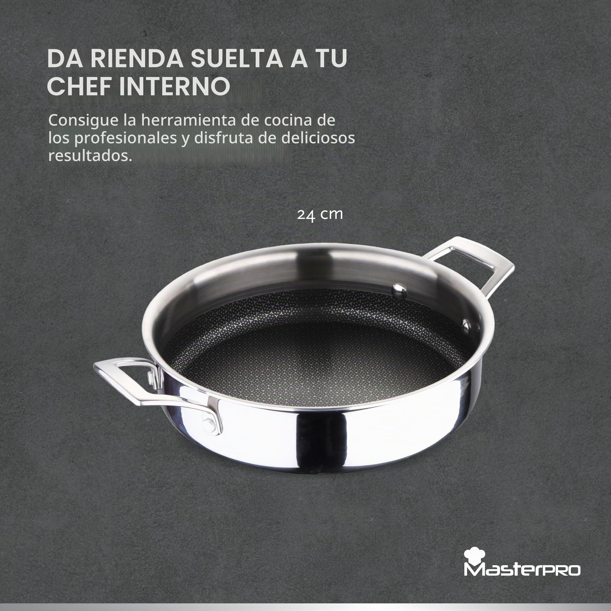 MasterPro Hi-Tech 3 | Cacerola de Cocina de 24 cm | Acero Inoxidable con Textura de Panal de Abeja | Revestimiento de 3 Capas | Menaje de Cocina | Apta para Todos los Tipos de Cocina