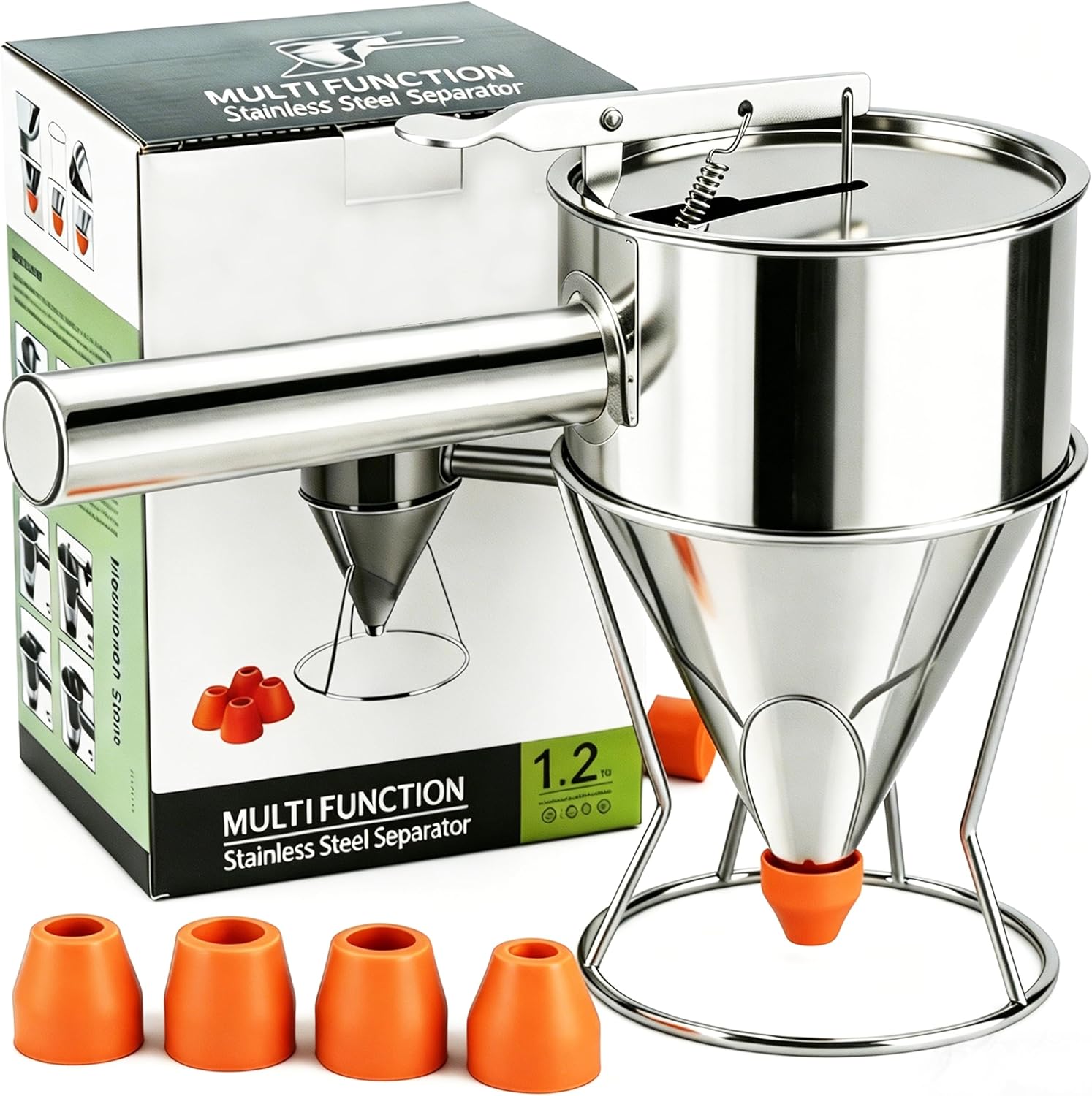 40oz 304 Stainless Steel Pancake Batter Dispenser With Dustproof Lid 4 Interchangeable Nozzles&Detachable Handle Perfect For Parent-Child Baking, Holiday Parties, Cupcakes Waffles。