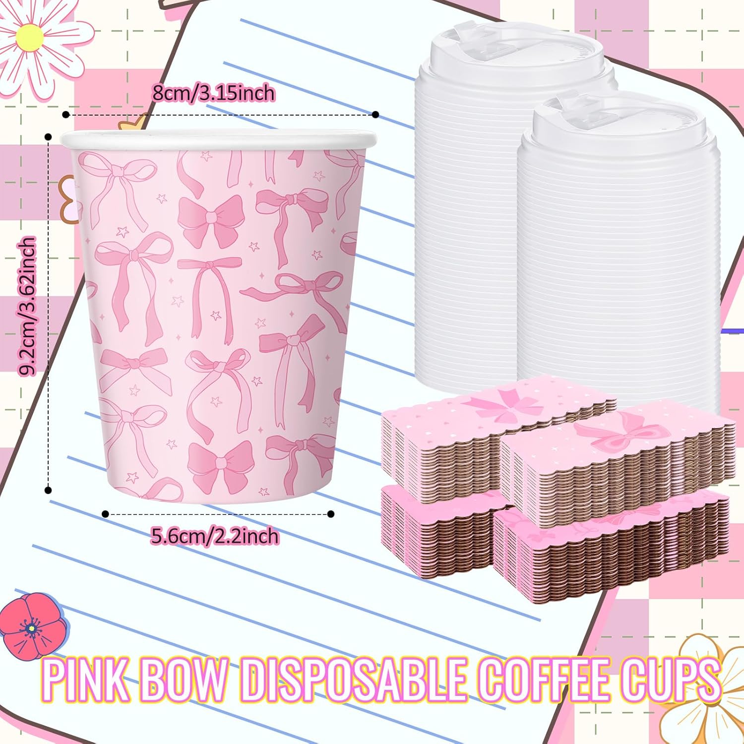 48 Sets Pink Bow Disposable Coffee Cups with Lids and Sleeves, 8oz Coquette Bowknot Drinking Cups for Wedding Bachelorette Baby Shower Birthday Party Supplies - Image 3
