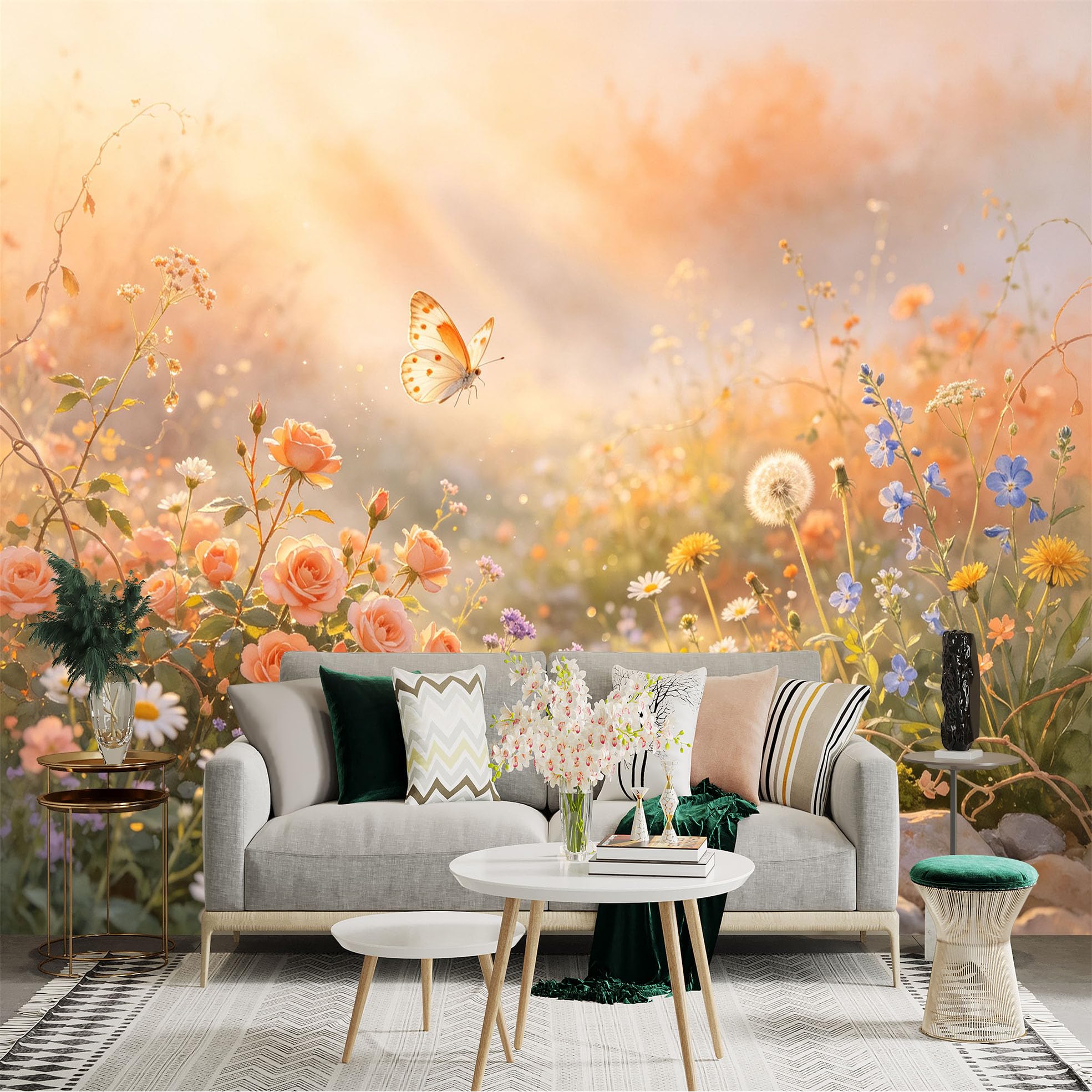 Lnzczhyre Bh260719496 Custom Size Wall Sticker Mural， Flying Butterfly， Soft Pastel Flowers， Warm Sunlight Garden， Meadow Landscape， For Wall Decoration， Peelandstick Wall Decals.