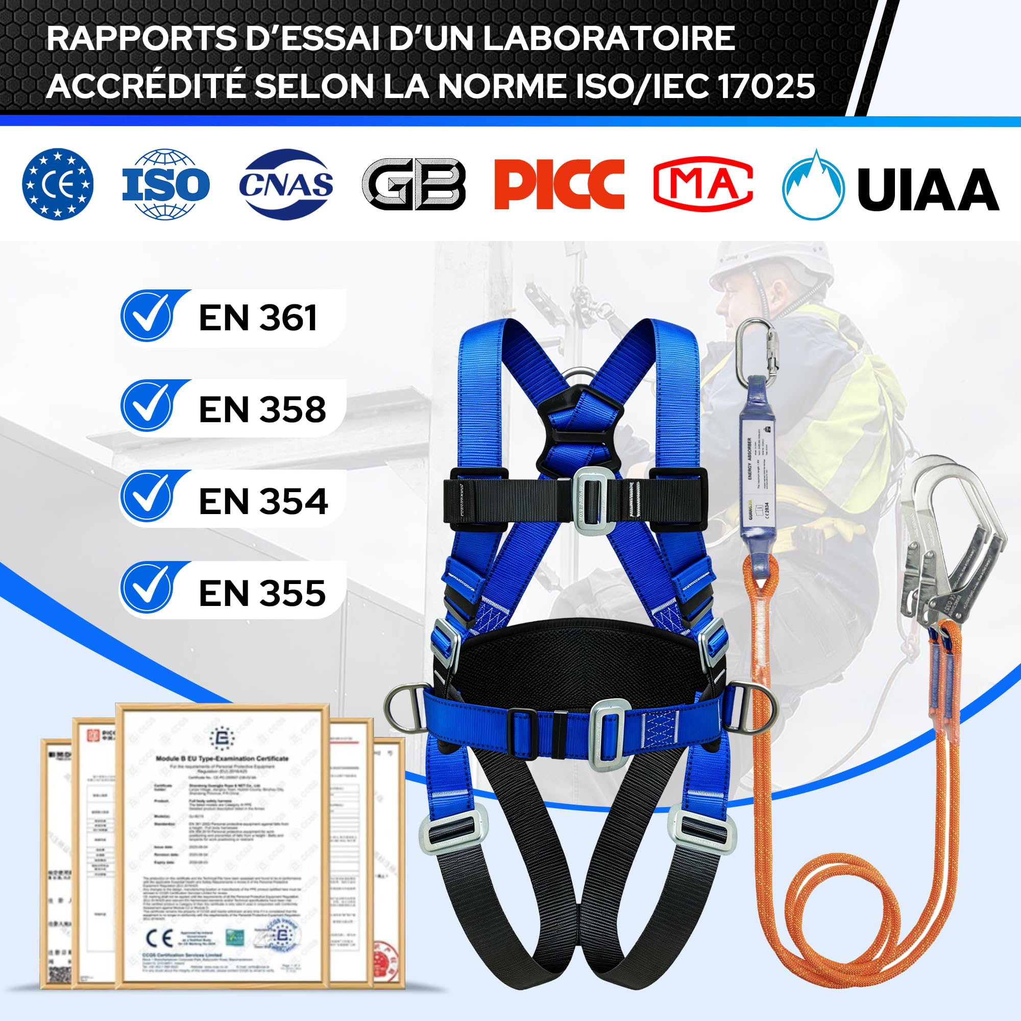 Harnais de sécurité complet réglable avec longe de 1,8 m, Certification CE | charge maximale de 140 kg, pour travaux en hauteur et construction