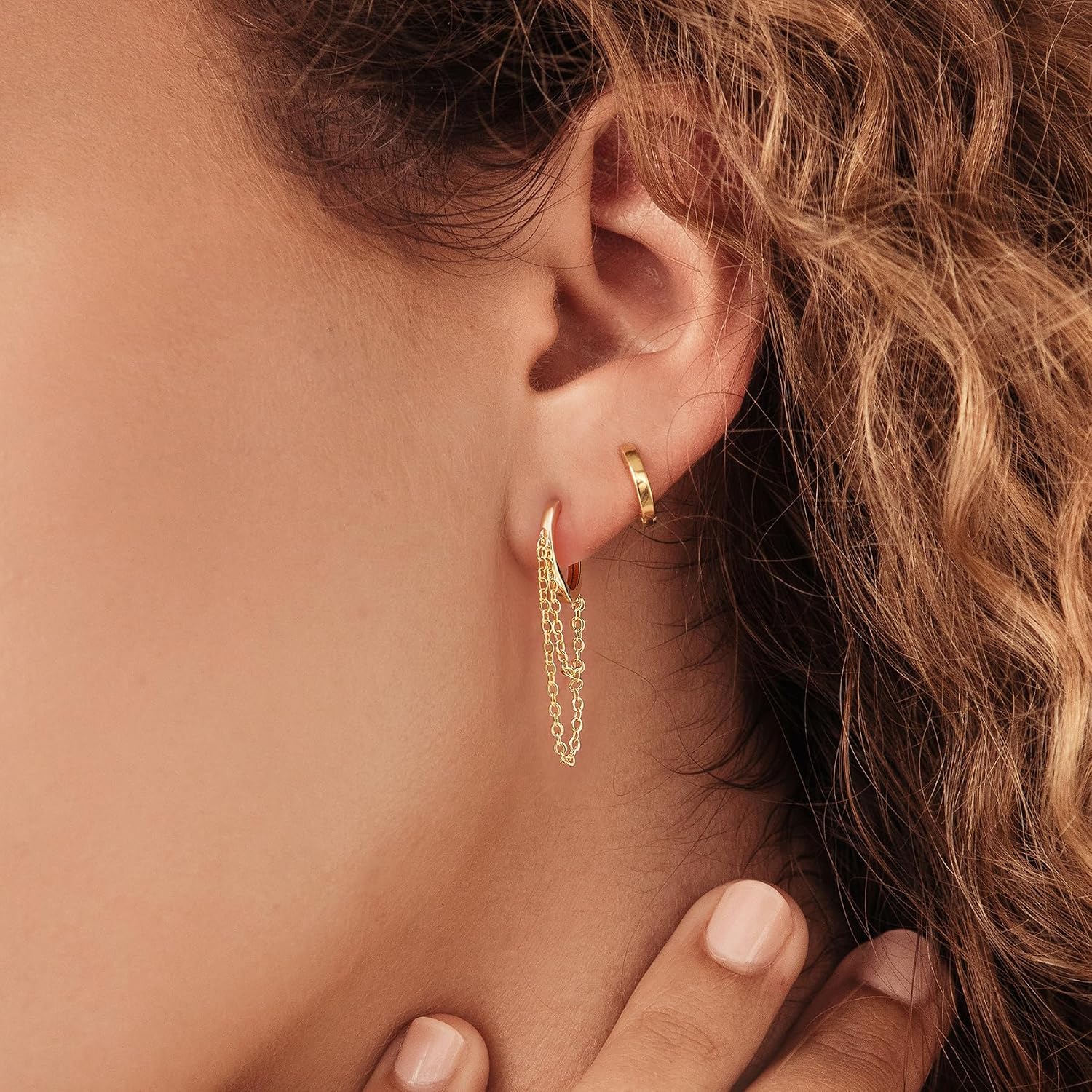 DAILY VIBES Small Gold Huggie Hoop Earrings for Women 14K Real Gold Plated Dainty Sterling Silver Post Split Mini Hoops Double Chain Drop Dangle Earrings for Women