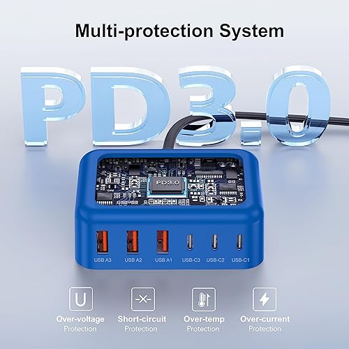 Miniatura 53 de Cargador rápido USB C, 150 W, 6 puertos de escritorio, PD GaN, cargador rápido, estación de carga, bloque de 65 W, adaptador de corriente USB C