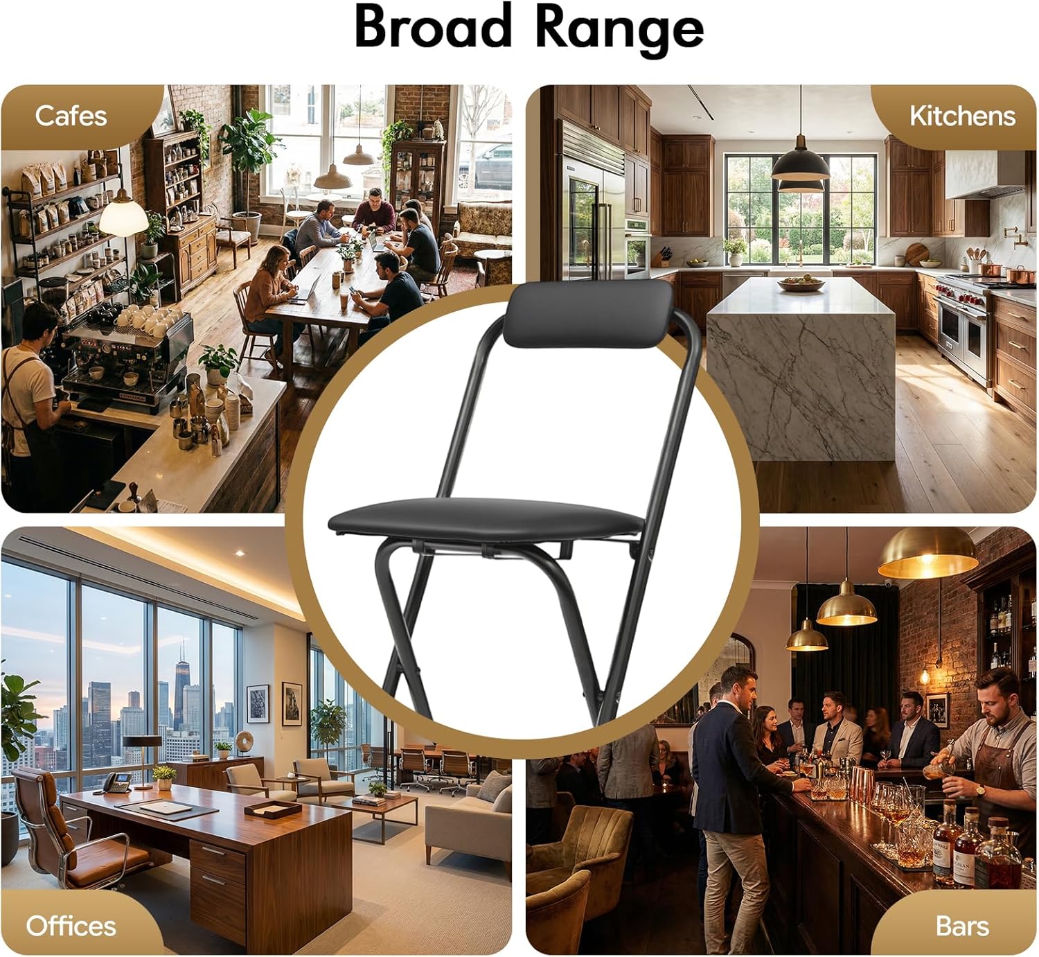 Folding Bar Stool, 29.5 Inch High Counter Chair w/Padded Cushion & Backrest, Foldable Tall Stool w/X Frame, Portable Bar Chair for Kitchen Island, Pub & Camping (Black)