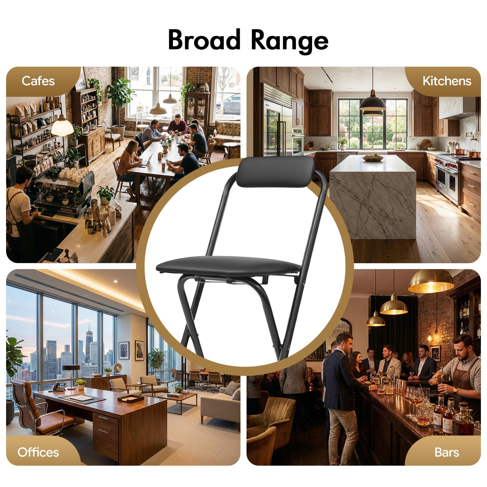 Tabouret Haut de Bar Pliant, Tabouret et Chaise de Bar Haute Pliante Pliable avec Dossier pour Exterieur Interieur Camping Jardin Balcon Salon/Assise Noire/Hauteur D'Assise 75CM