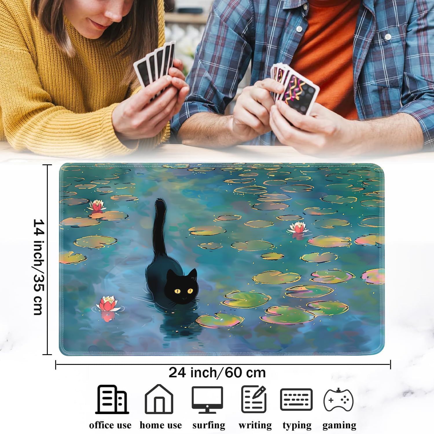 Playmat for MTG, 24x14 Inches Playmats, for TCG and CCG Trading Card Game Mat, Non-Slip Rubber for MTG Playmats with A Storage Bag and 6 Dice Set, Water Lily Blue Pond Black Cat