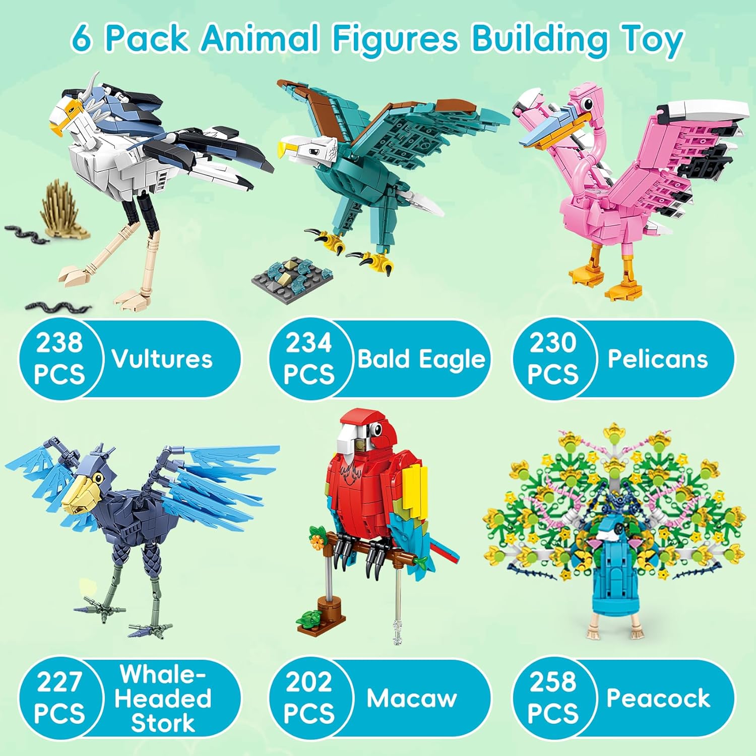 Oichy Bird Animals Building Block Set, 6 Pack Animal Figures Building Toy, Creative Party Favors for Kids, Easter Gift for Kids Ages 6+