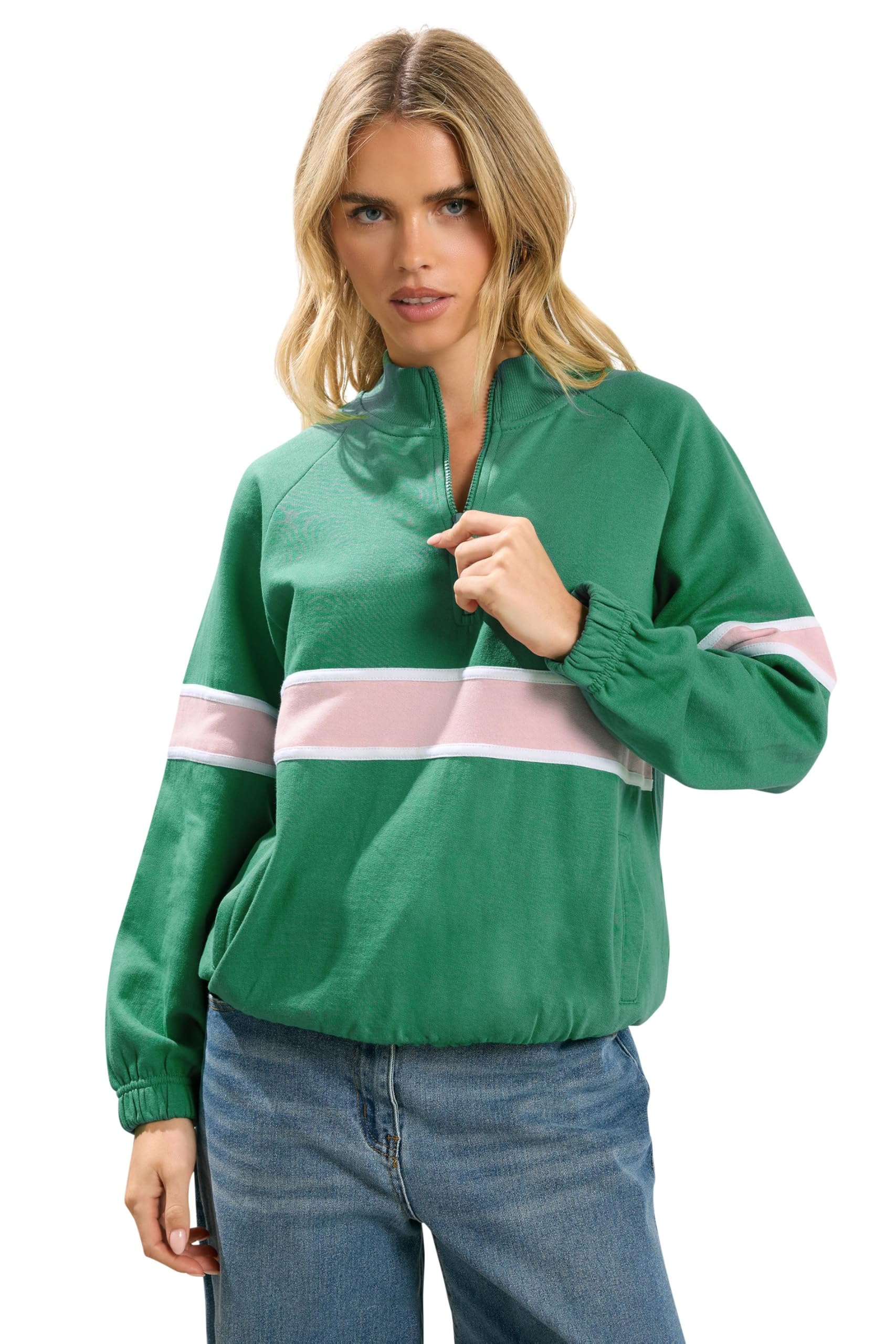 PixieGirl Petite Green Stripe Quarter Zip Sweatshirt Petite