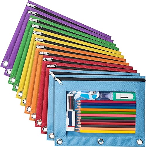 Miniatura 8 de Forvencer Paquete de 6 bolsas para lápices para carpeta de 3 anillas, cremallera suave de 3 anillos, estuche multicolor para carpeta, bolsa para