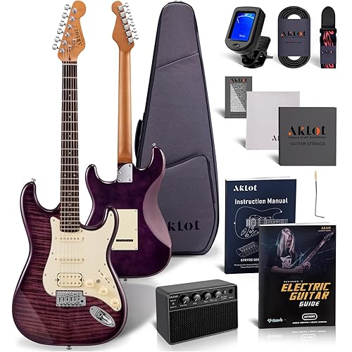 AKLOT Stryde Electric Guitar with Coil-Split: Roasted Maple Neck, Flame Maple Graphic Top, HSS Ceramic Pickups, Beginner Guitar Kit with 10W Amp, Gig Bag, Strap, Picks, Lesson Book, Violet Venom