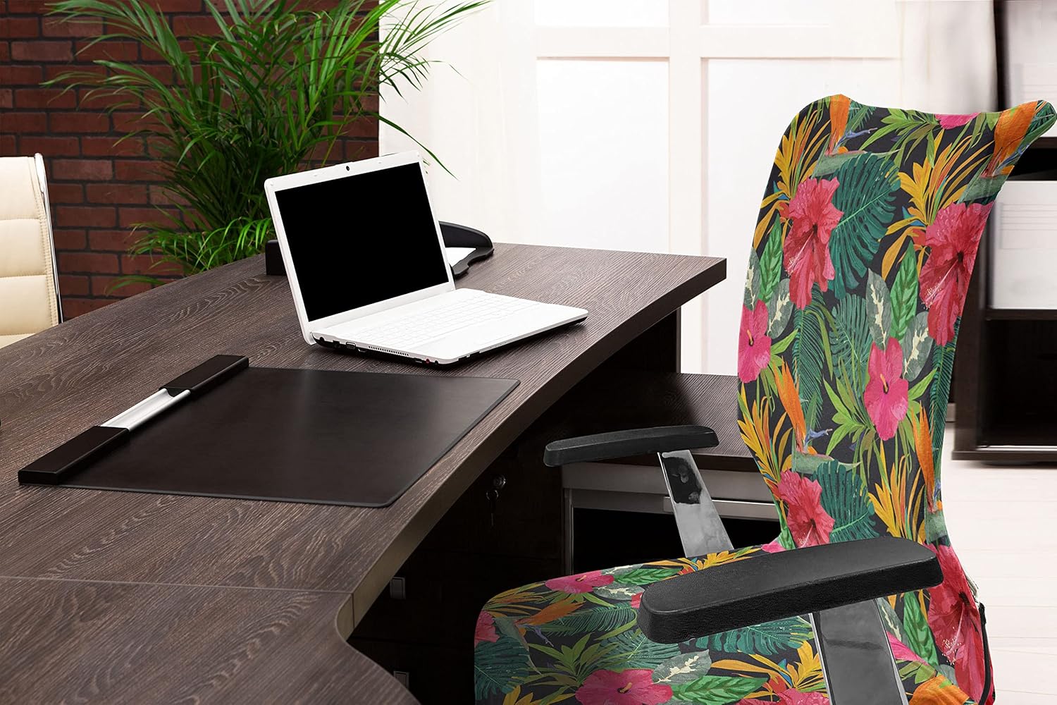 Ambesonne Tropical Office Chair Cover, Awakening Close Up Arrangement Island Leaves Flowers Hawaiian Hibiscus, Stretchable Decorative Universal Size High Back Printed Slipcover, Green Hot Pink Mustard