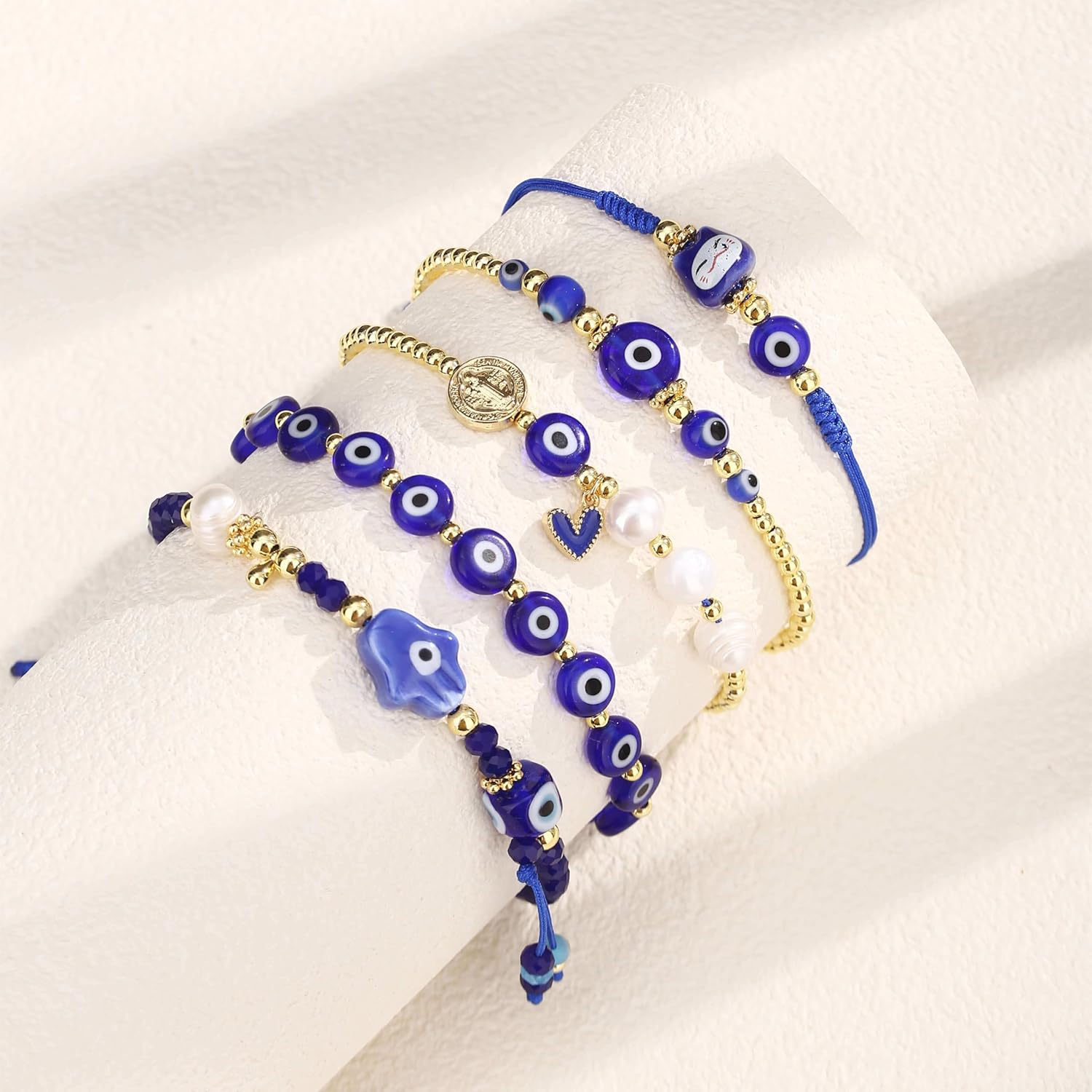 18K Gold Plated Evil Eye Bracelet Set, 5-Piece Adjustable Stack Beaded Jewelry with Hamsa Hand & St Benedict, Freshwater Cultured Pearls, Spiritual Protection Gift for Women - Image 2