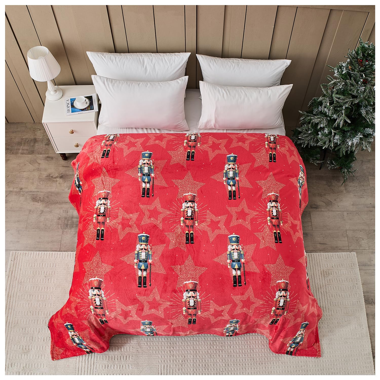GC GAVENO CAVAILIA Christmas Blanket - Soft Fluffy Throw Polyester Sherpa Fleece Blankets For Bed, Sofa And Couch - Warm large Throws (170x230 Cm) - Xmas Nut Cracker Pum Pum Stars Blanket For Adults