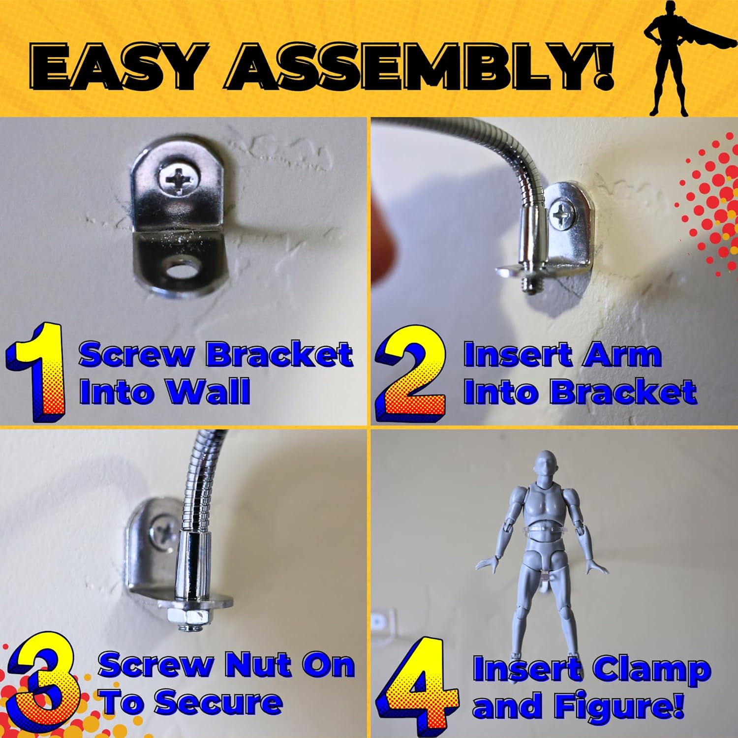 Action Figure Stand Wall Display | Flying Action Figure Display | Adjustable Metal Support Arm | Hidden Stand | Made for 6 Inch Marvel Legends | Clear | Show Off Your Flying Collectibles (2 Pack)