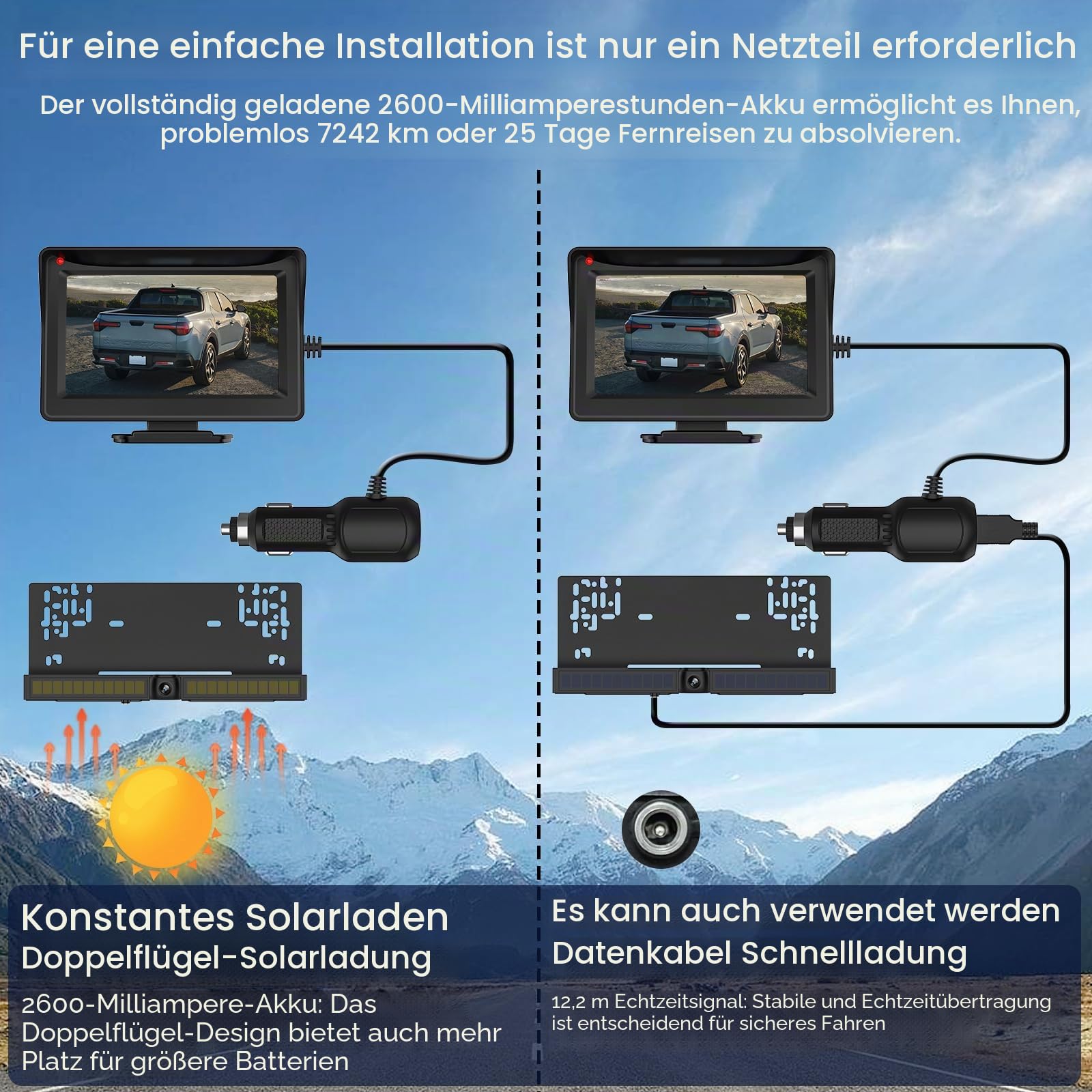 Kabellose Solar-Rückfahrkamera 4,3 Zoll 2600 mAh Akku Nachtsicht wasserdicht IP67 für Wohnmobile