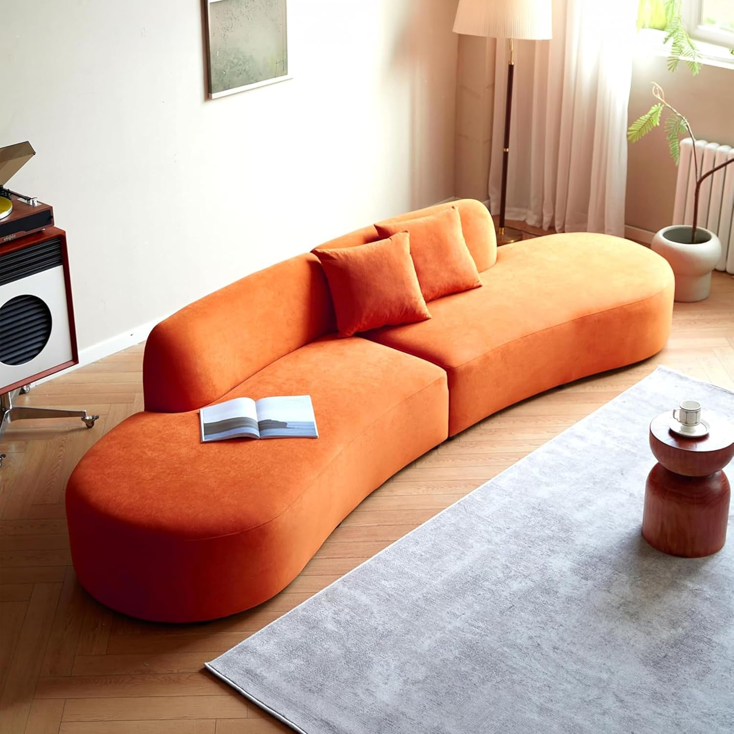 Container Furniture Direct 132" Curved Sofa with Throw Pillows, 6 Seater Luxury Velvet Couch with Half Moon Design and High-Density Foam, Ideal for Modern Living Room, Office & Apartment, Red Orange