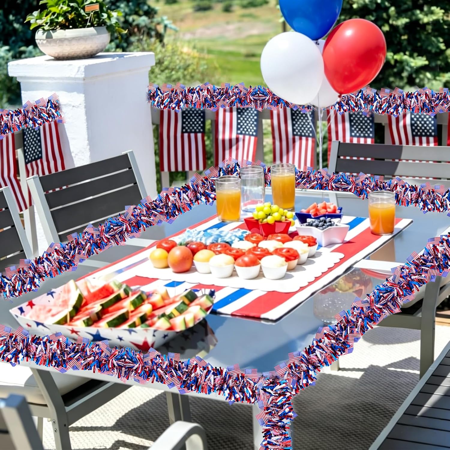 50Ft 4th of July Garland Decorations Patriotic Garland Red White Blue Tinsel Garland, Glitter Stars Garland Memorial Day Independence Day Decorations (Flag)