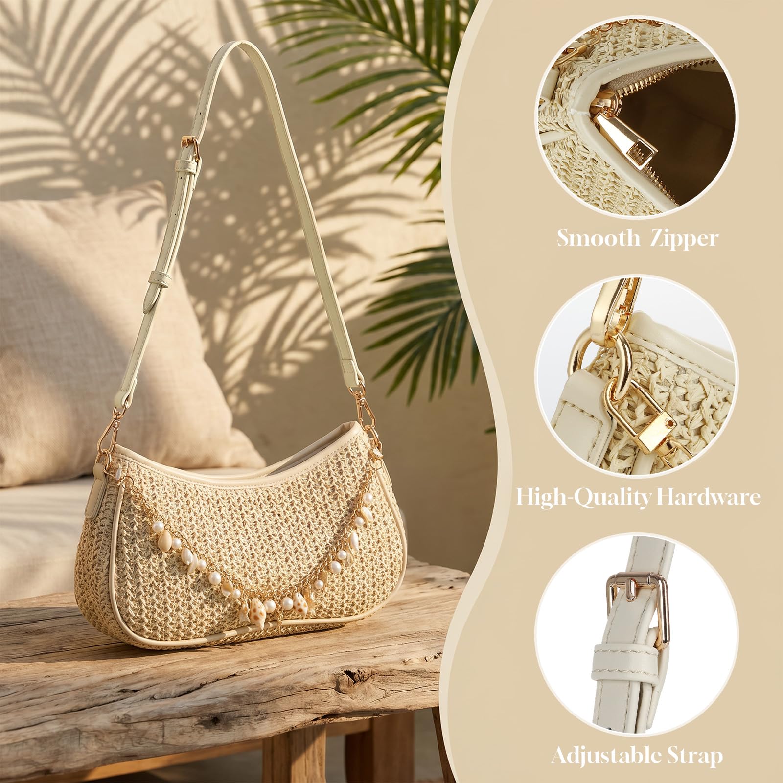 Fecialy Borsa a tracolla in paglia da donna, in stile bohémien, con perline, pochette estiva in rafia