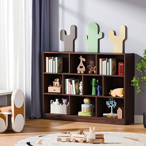 Miniatura 6 de Cozy Castle Estantería marrón, estantería abierta de 3 niveles, organizador de almacenamiento de 10 cubos con dispositivo anti-inclinación para