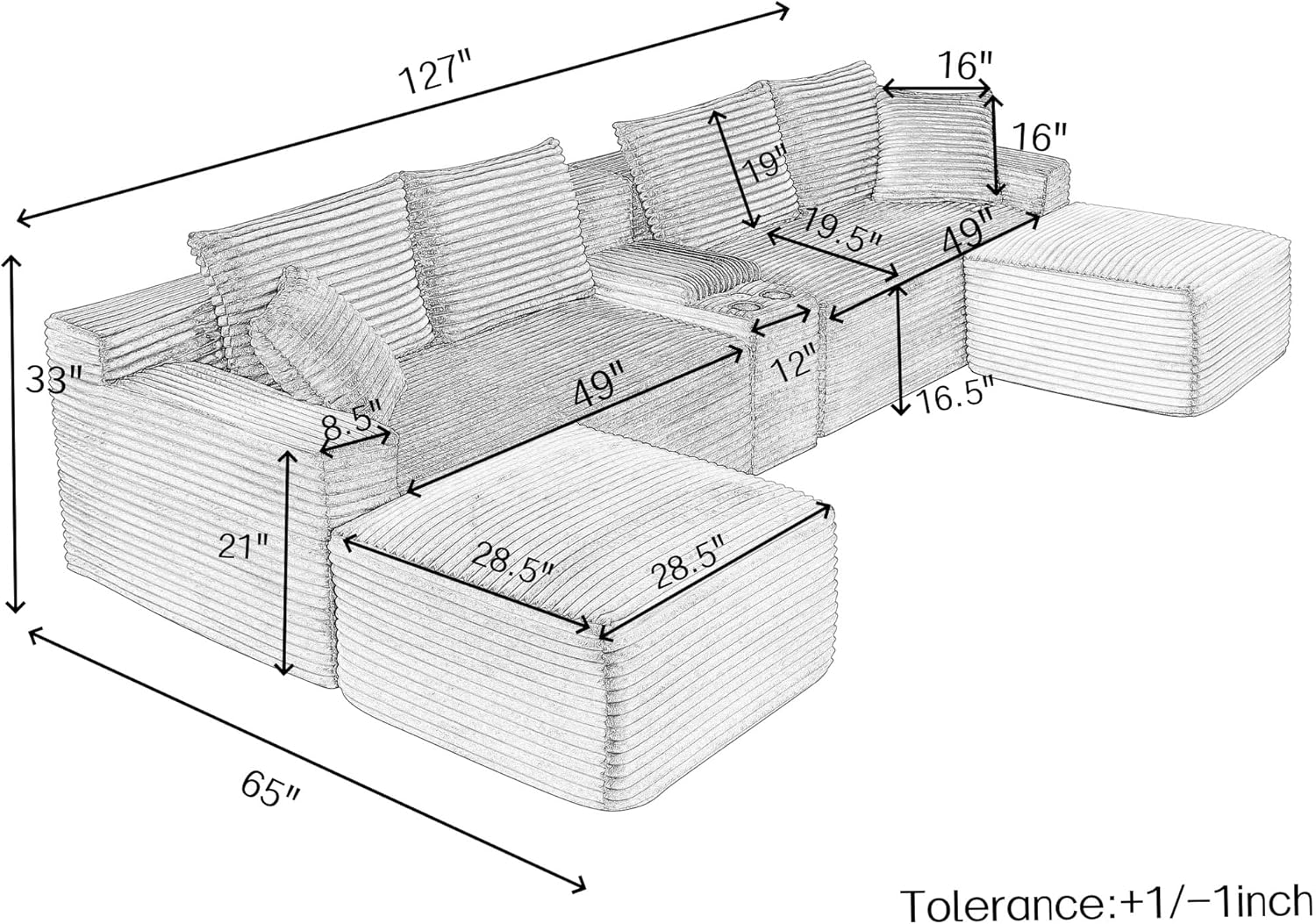 U-Shaped Cloud Sectional Couch, Symmetrical Modular Compressed Boneless Sectional Sofa with Chaise Lounges and Console, Plush Corduroy Boneless Corner Sofa for Living Room