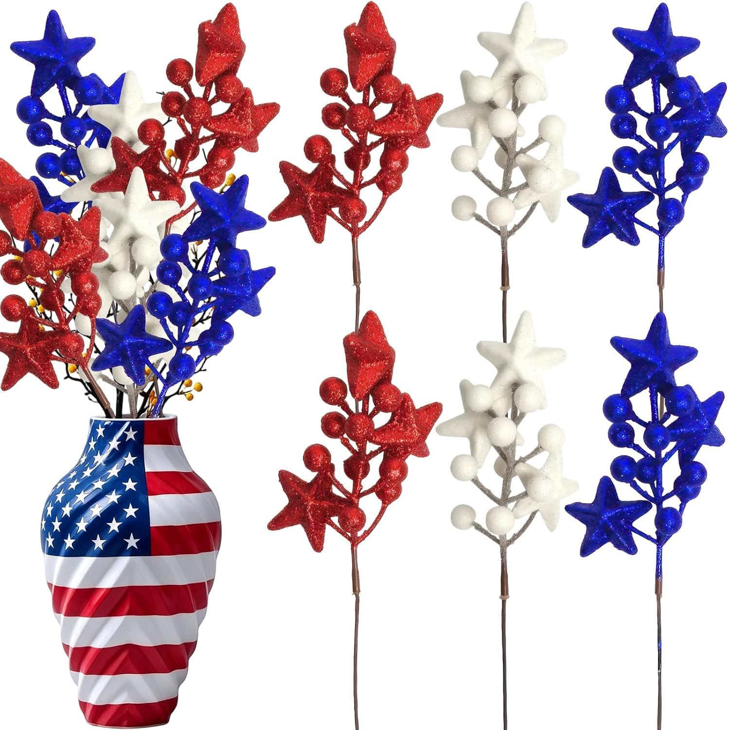 6 Pcs 4th of July Glitter Puffy Star Picks Foam Berry Flower Stems Patriotic Sparkly Red White Blue Star Sticks Table Centerpieces for Americana Independence Day Memorial Day Party Vase Décor