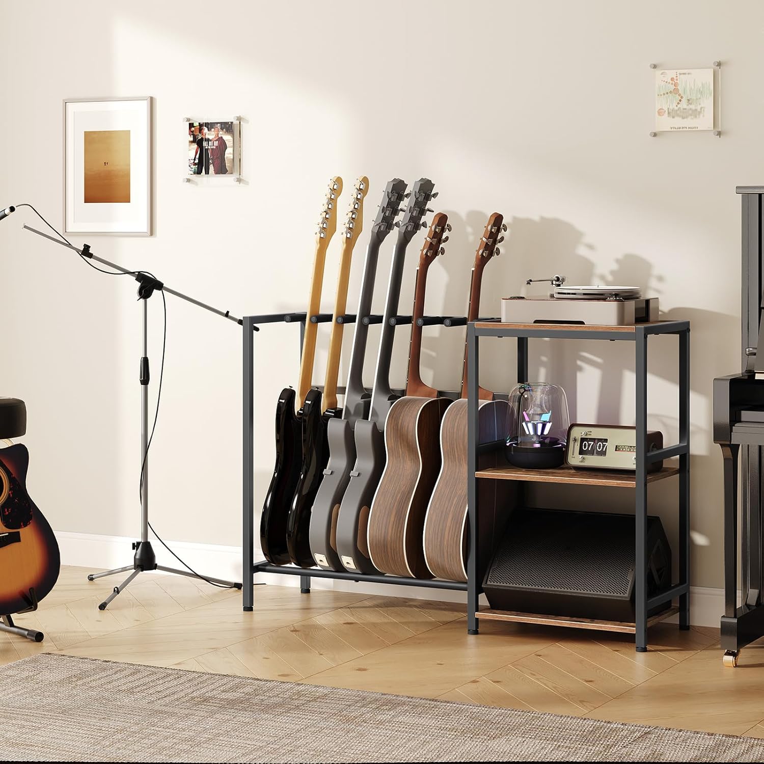 MAHANCRIS Guitar Stand, Guitar Holder for 6 String Instruments, Suitable for Acoustic Guitar, Bass, Guitar Rack with Side Shelves for Record Player, with Non-Slip Rubber Pads, Rustic Brown GSHR9701V1