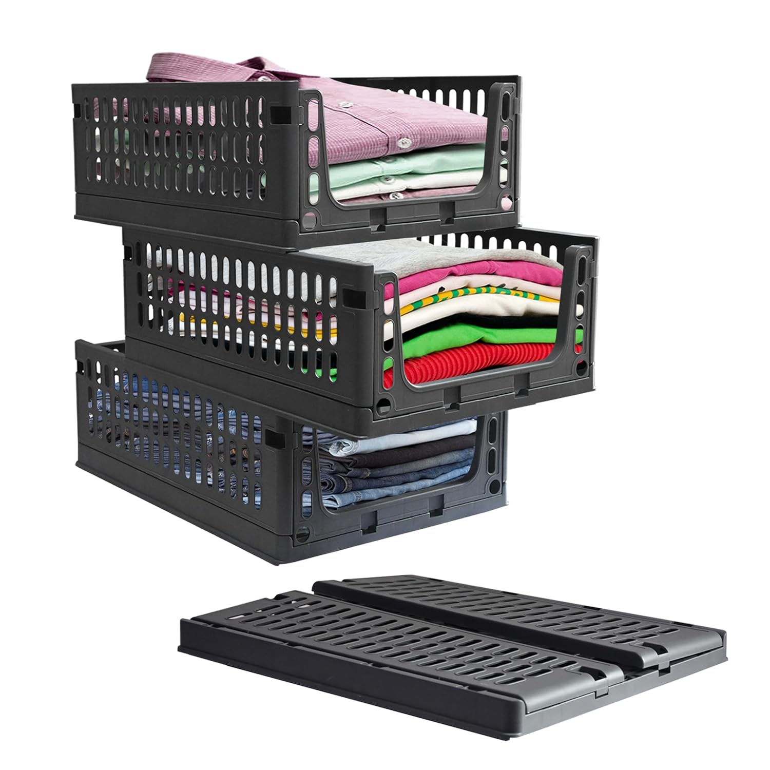 Pack of 3 pcs. (40l X 29W X 15.5H cms) Stack-It-All | SpaceSaver Pro-Compact Multi Purpose Foldable Stackable Storage Stacker with wheels on lowest tray – Stack and Slide, Grey