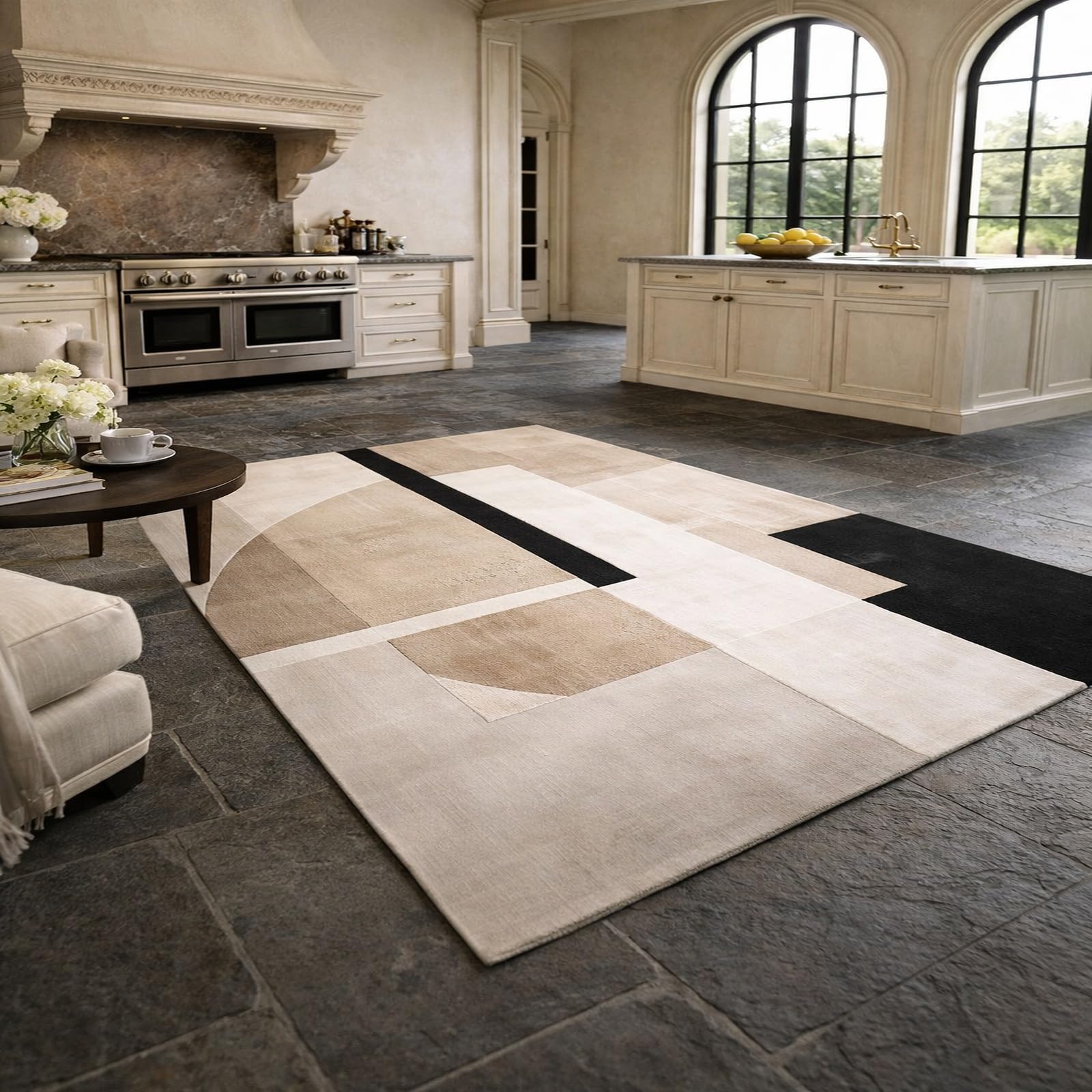 Tapis salon géométrique beige et blanc pour réchauffer l'ambiance de votre chambre