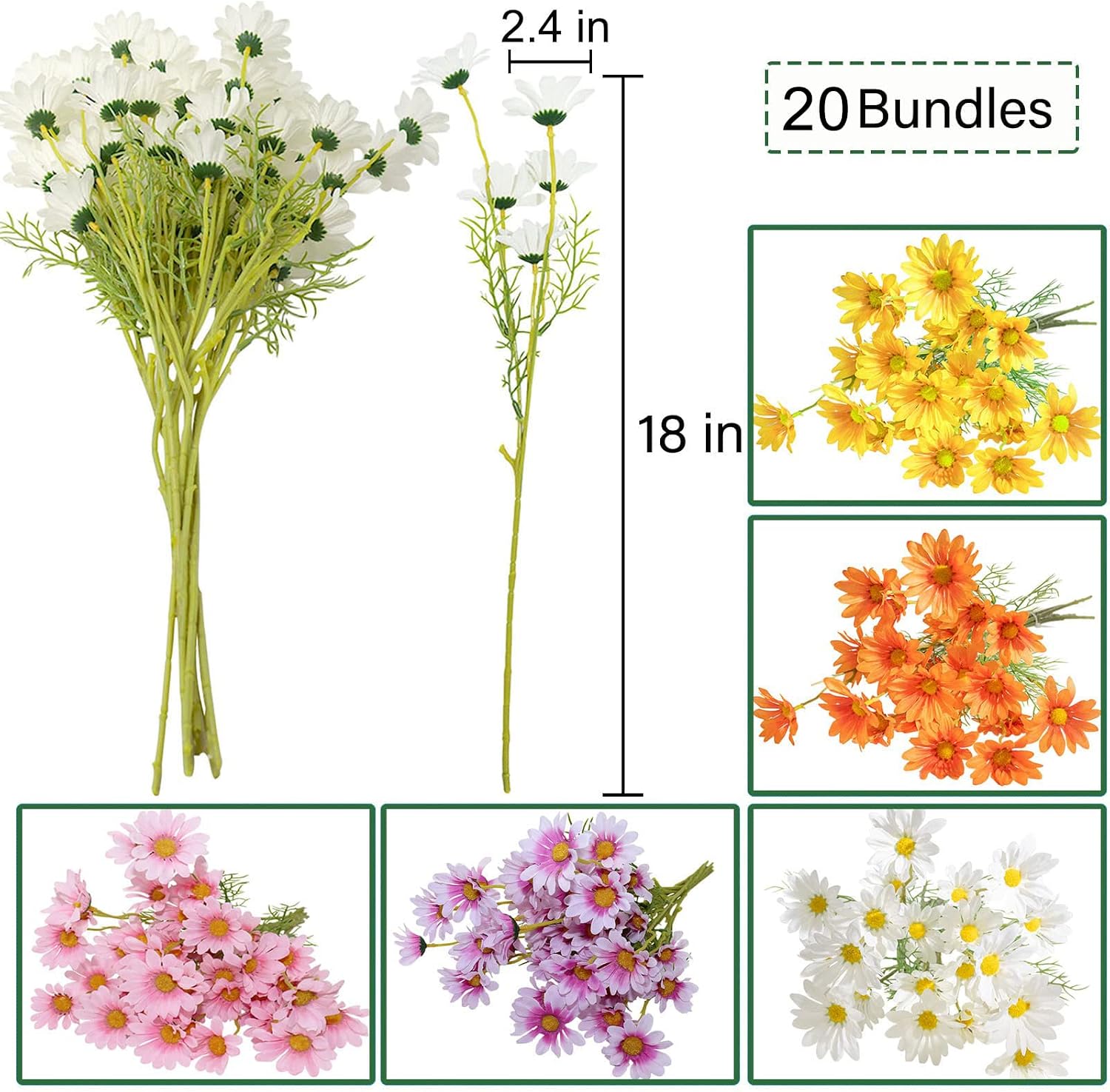 CSBYW Artificial Flowers 20 Bundles Multicolor Artificial Daisy Flowers UV Resistant Outdoor Fake Wildflowers with Stems Faux Greenery Shrubs Plants Arrangements for Home Garden Vase Decor